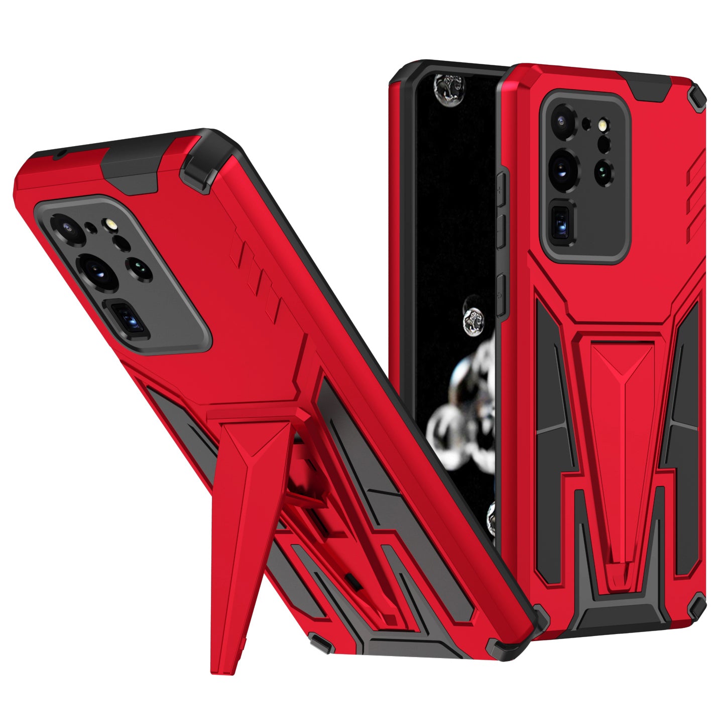 Dual-Layer Shock-Absorption V-Shaped Armor Hard PC + Flexible TPU Protective Case with Kickstand for Samsung Galaxy S20 Ultra - Red