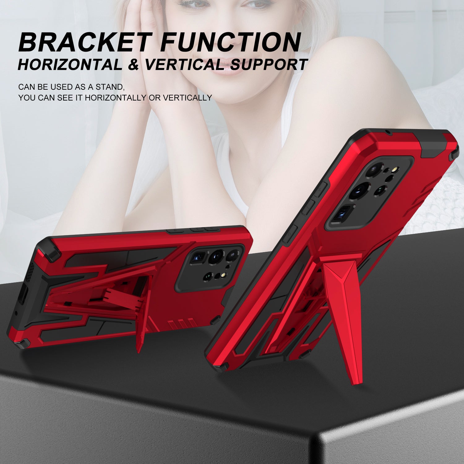 Dual-Layer Shock-Absorption V-Shaped Armor Hard PC + Flexible TPU Protective Case with Kickstand for Samsung Galaxy S20 Ultra - Red