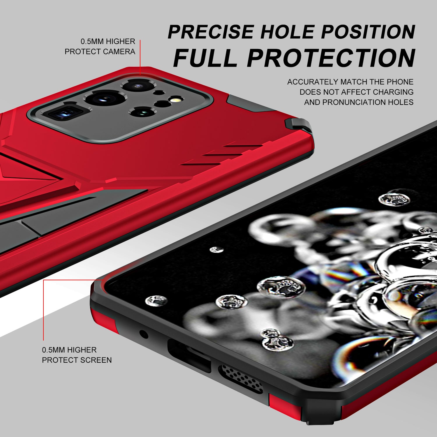 Dual-Layer Shock-Absorption V-Shaped Armor Hard PC + Flexible TPU Protective Case with Kickstand for Samsung Galaxy S20 Ultra - Red