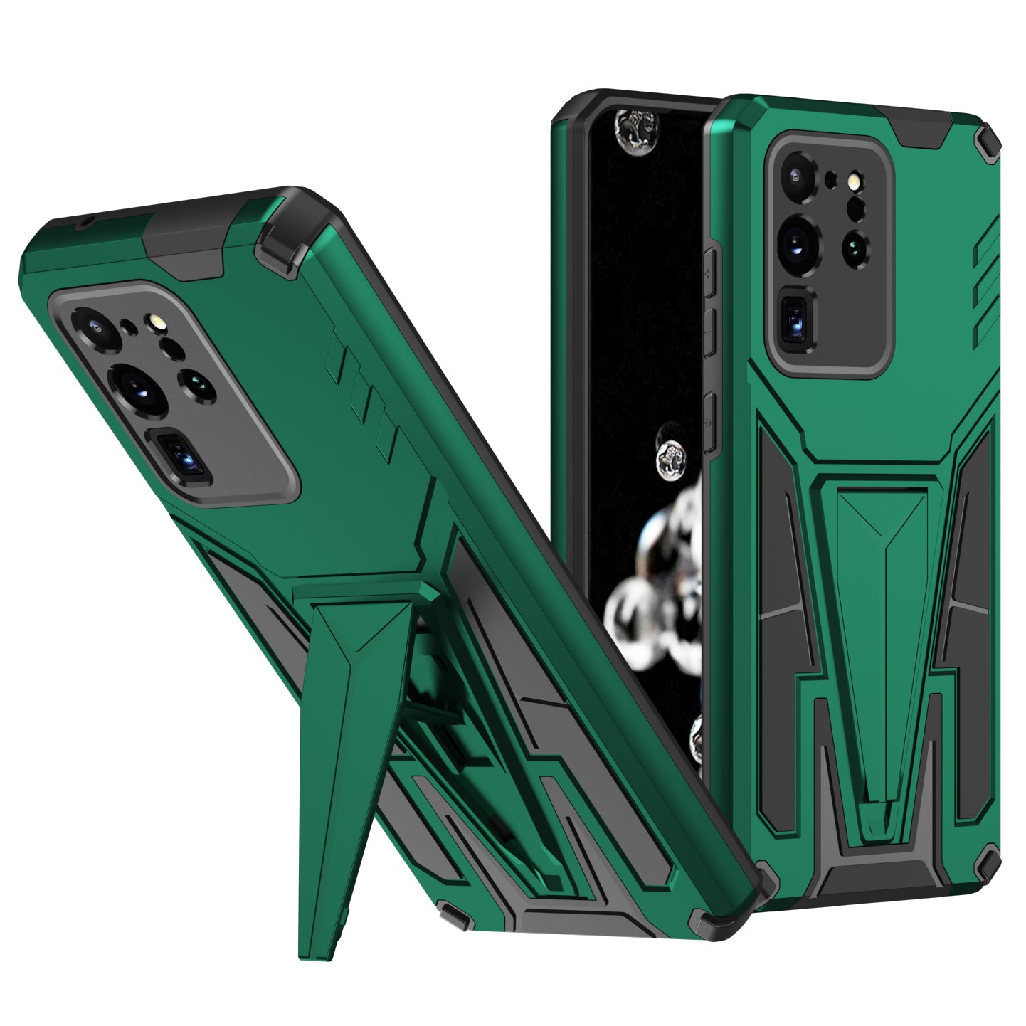 Dual-Layer Shock-Absorption V-Shaped Armor Hard PC + Flexible TPU Protective Case with Kickstand for Samsung Galaxy S20 Ultra - Dark Green