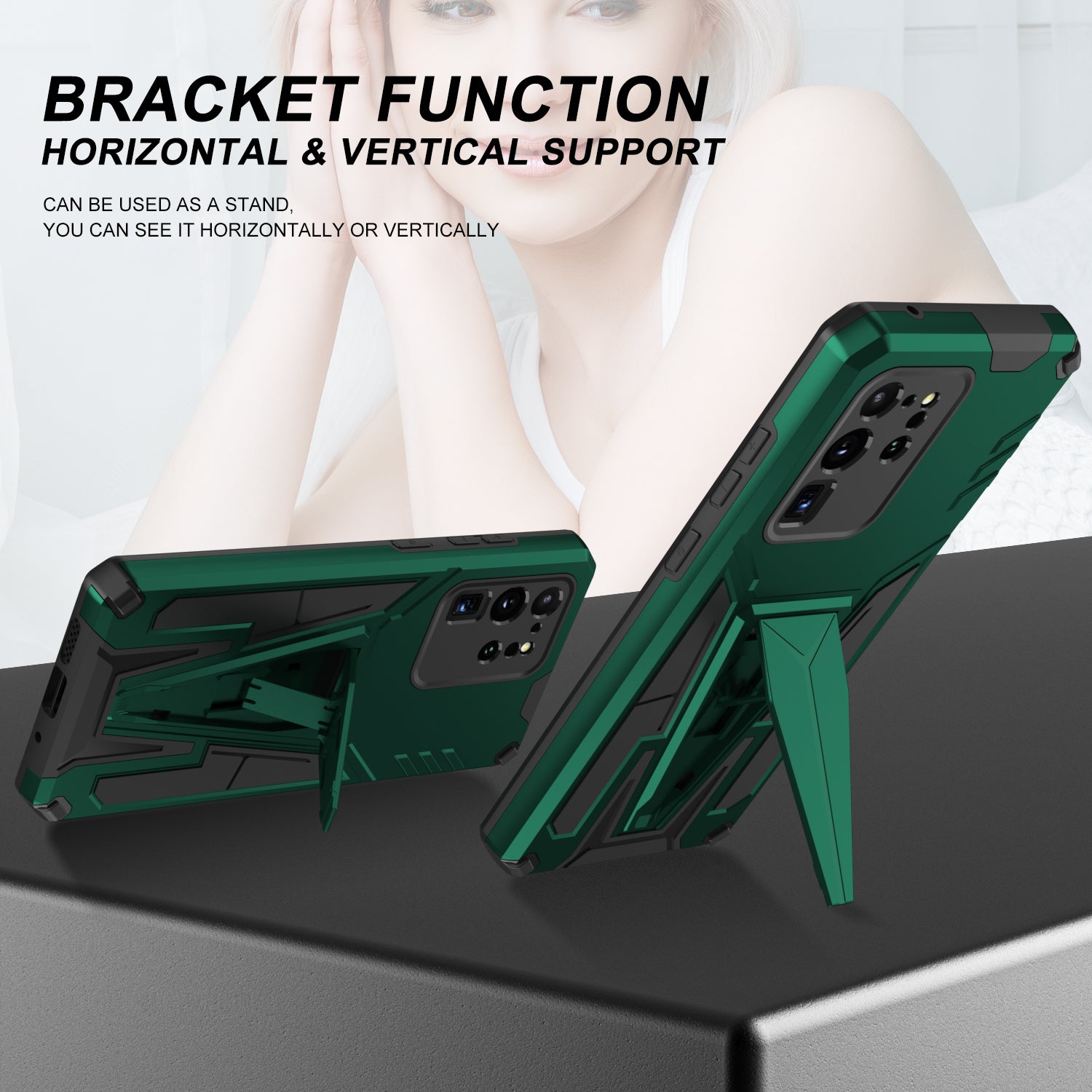 Dual-Layer Shock-Absorption V-Shaped Armor Hard PC + Flexible TPU Protective Case with Kickstand for Samsung Galaxy S20 Ultra - Dark Green