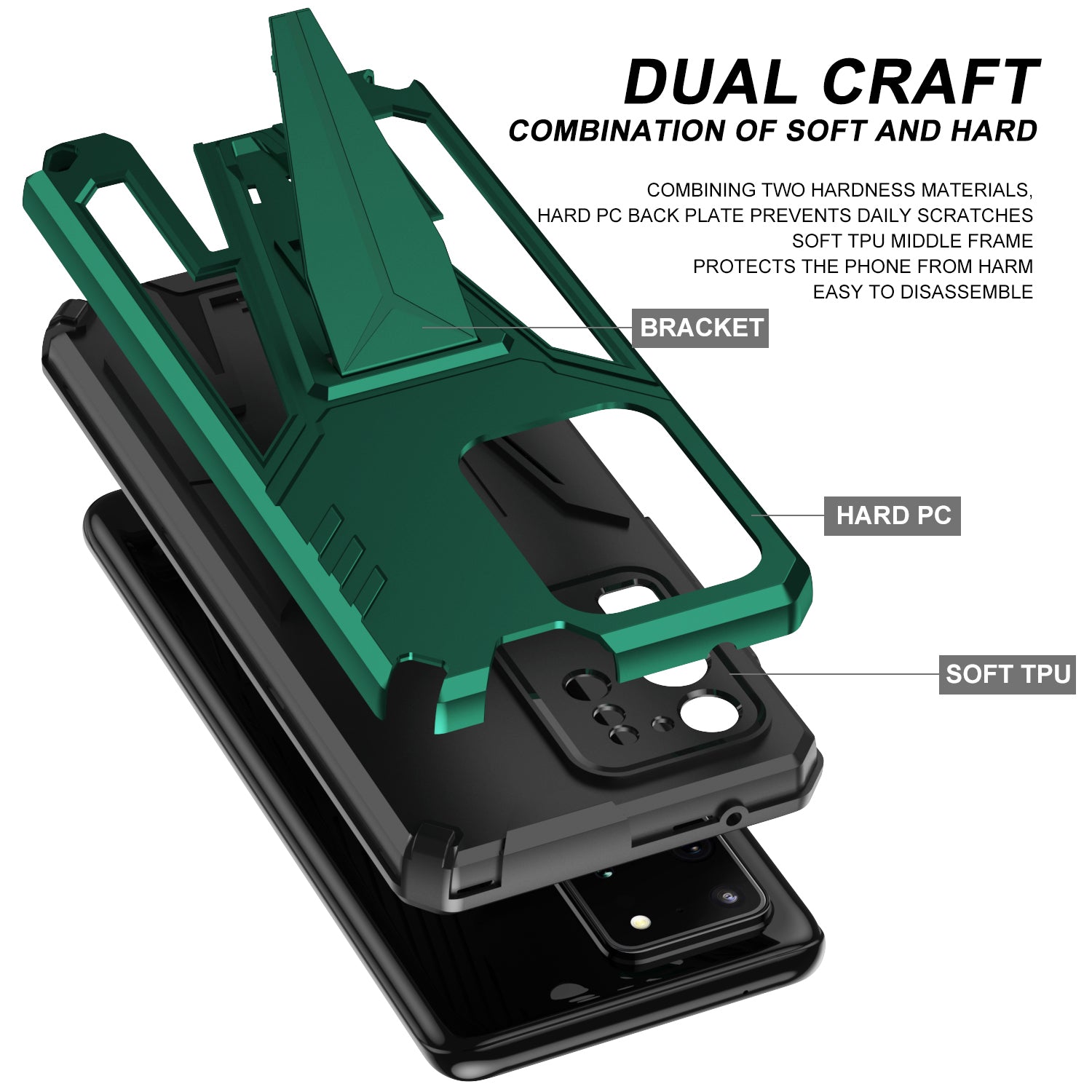 Dual-Layer Shock-Absorption V-Shaped Armor Hard PC + Flexible TPU Protective Case with Kickstand for Samsung Galaxy S20 Ultra - Dark Green