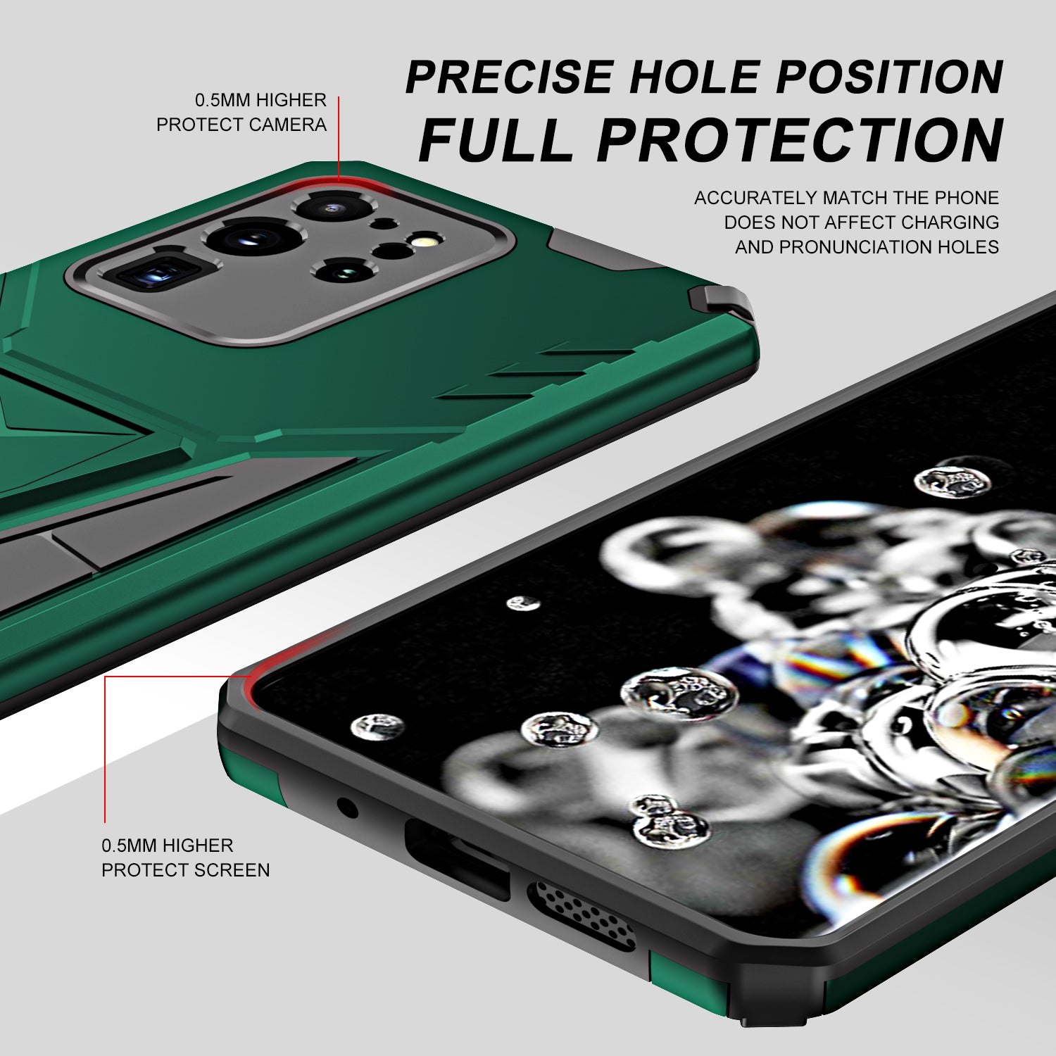 Dual-Layer Shock-Absorption V-Shaped Armor Hard PC + Flexible TPU Protective Case with Kickstand for Samsung Galaxy S20 Ultra - Dark Green