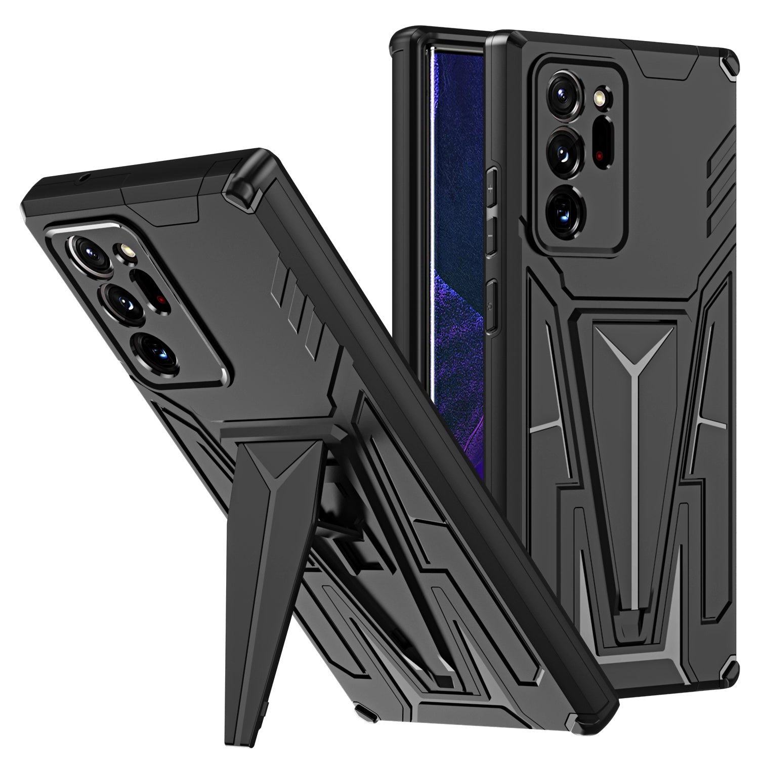 V-Shaped Armor PC + TPU Impact-Resistant Bumpers Protective Case with Kickstand for Samsung Galaxy S20 Ultra - Black