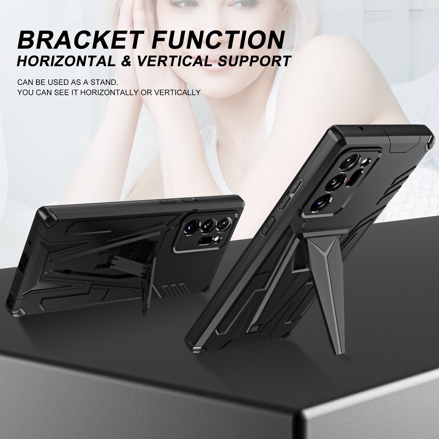 V-Shaped Armor PC + TPU Impact-Resistant Bumpers Protective Case with Kickstand for Samsung Galaxy S20 Ultra - Black