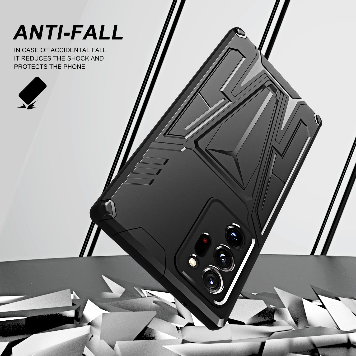 V-Shaped Armor PC + TPU Impact-Resistant Bumpers Protective Case with Kickstand for Samsung Galaxy S20 Ultra - Black