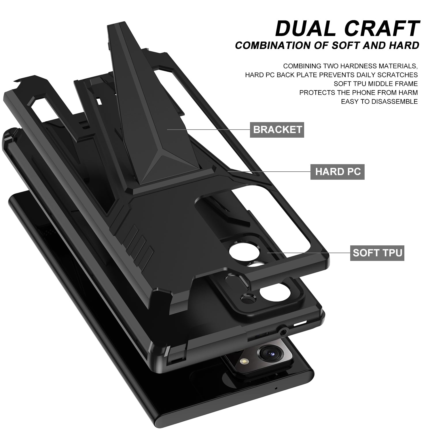 V-Shaped Armor PC + TPU Impact-Resistant Bumpers Protective Case with Kickstand for Samsung Galaxy S20 Ultra - Black