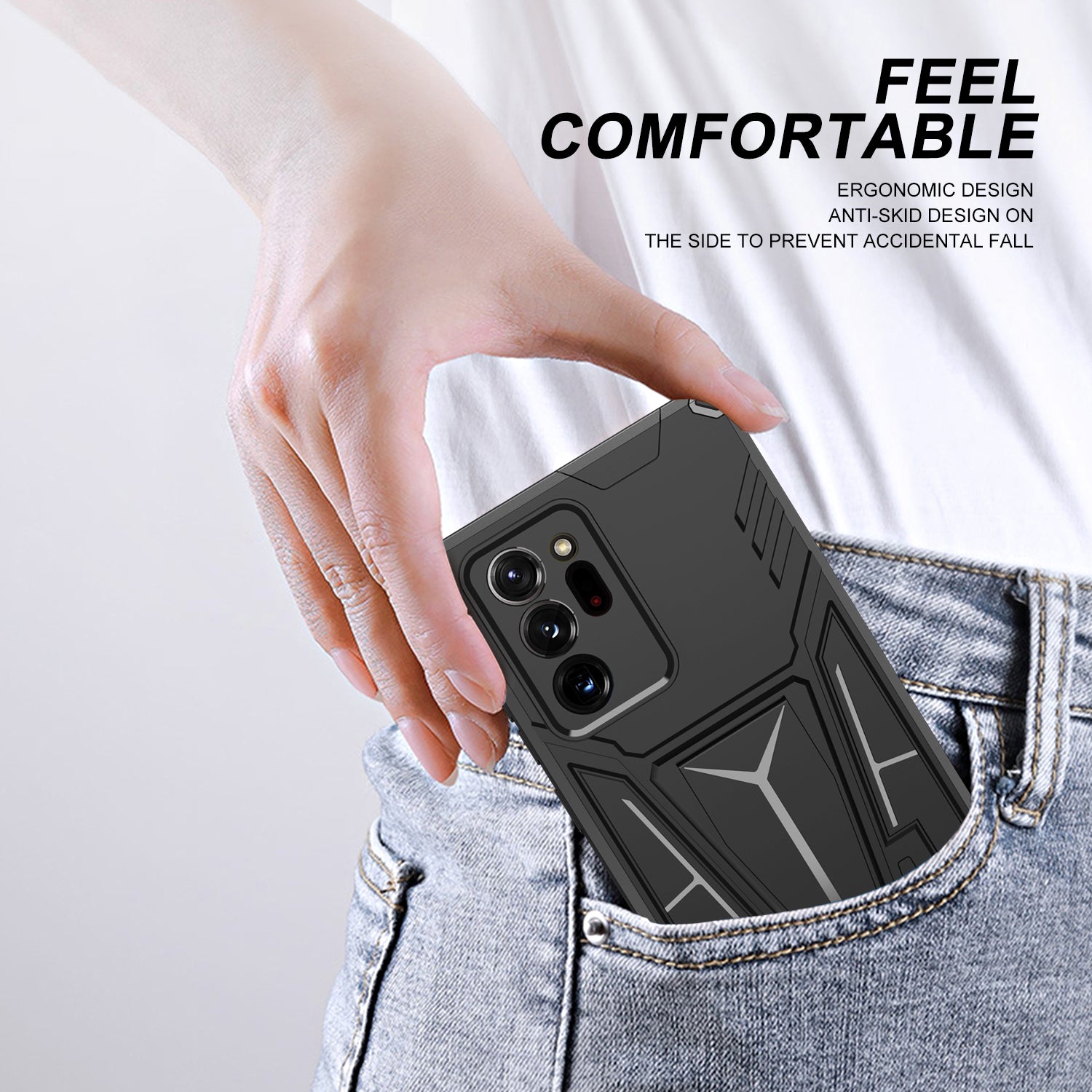 V-Shaped Armor PC + TPU Impact-Resistant Bumpers Protective Case with Kickstand for Samsung Galaxy S20 Ultra - Black