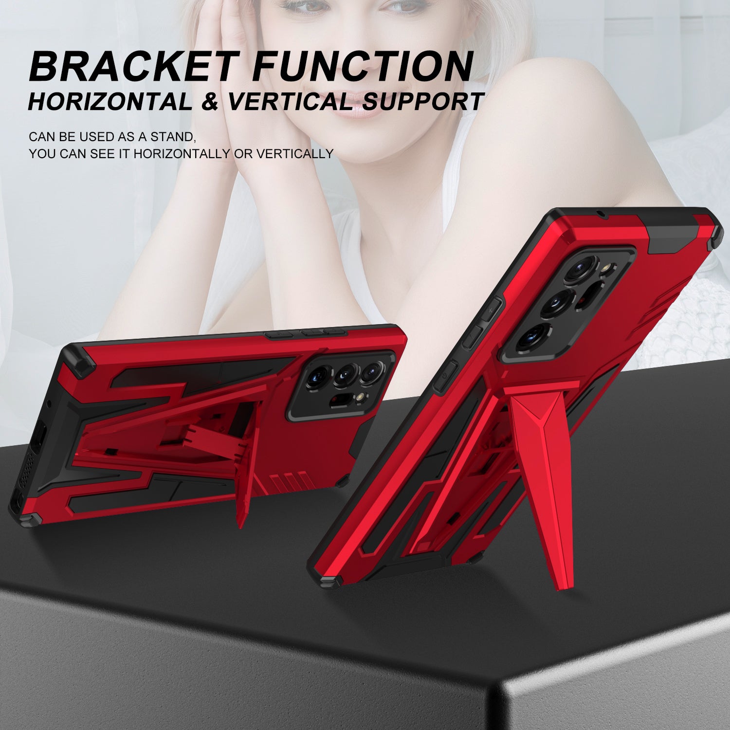 V-Shaped Armor PC + TPU Impact-Resistant Bumpers Protective Case with Kickstand for Samsung Galaxy S20 Ultra - Red