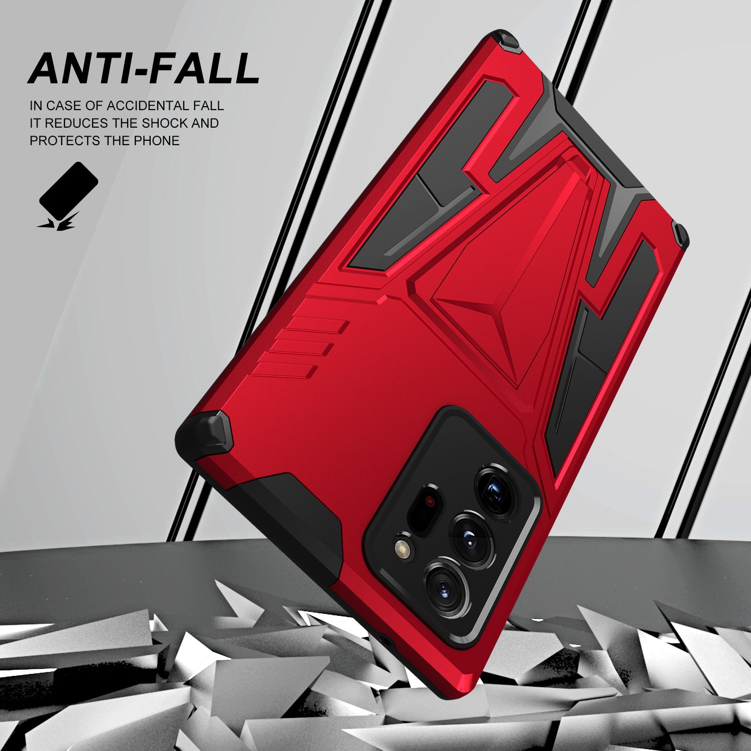 V-Shaped Armor PC + TPU Impact-Resistant Bumpers Protective Case with Kickstand for Samsung Galaxy S20 Ultra - Red