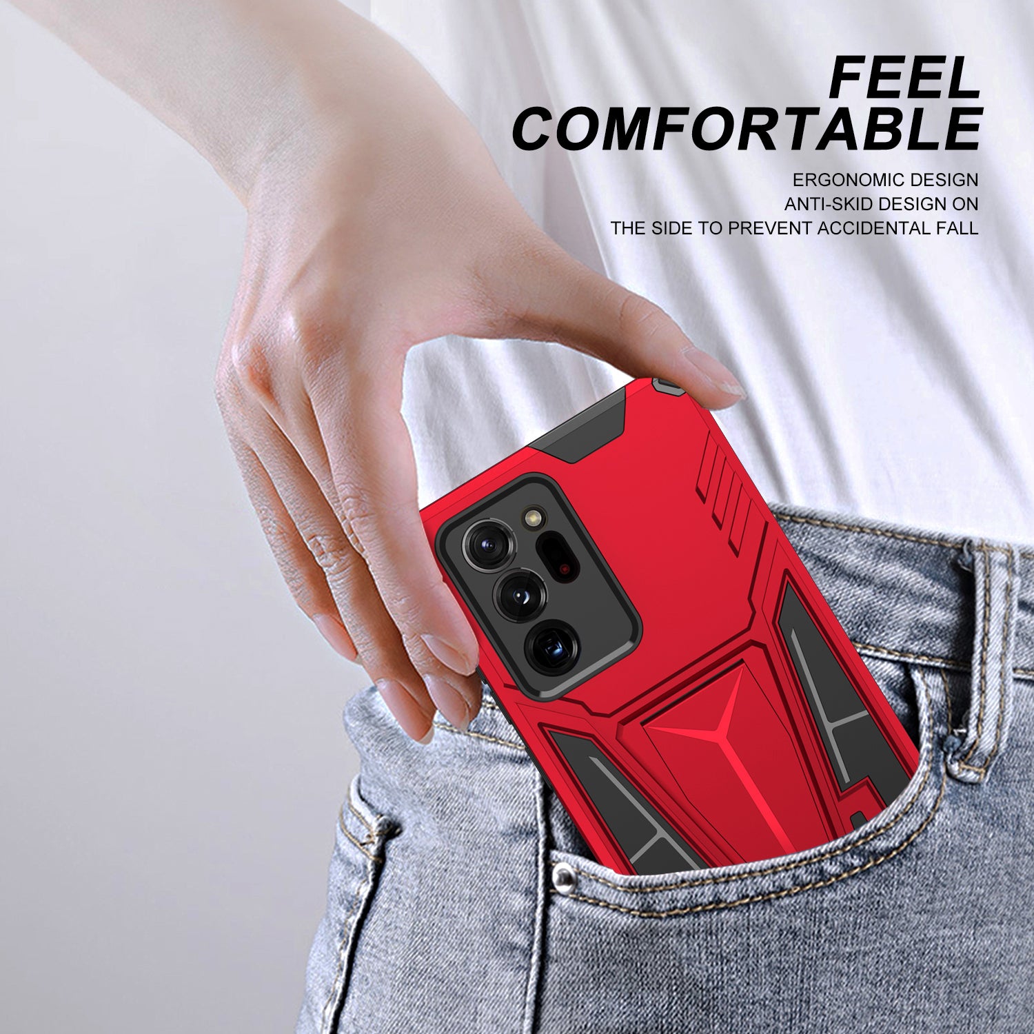 V-Shaped Armor PC + TPU Impact-Resistant Bumpers Protective Case with Kickstand for Samsung Galaxy S20 Ultra - Red