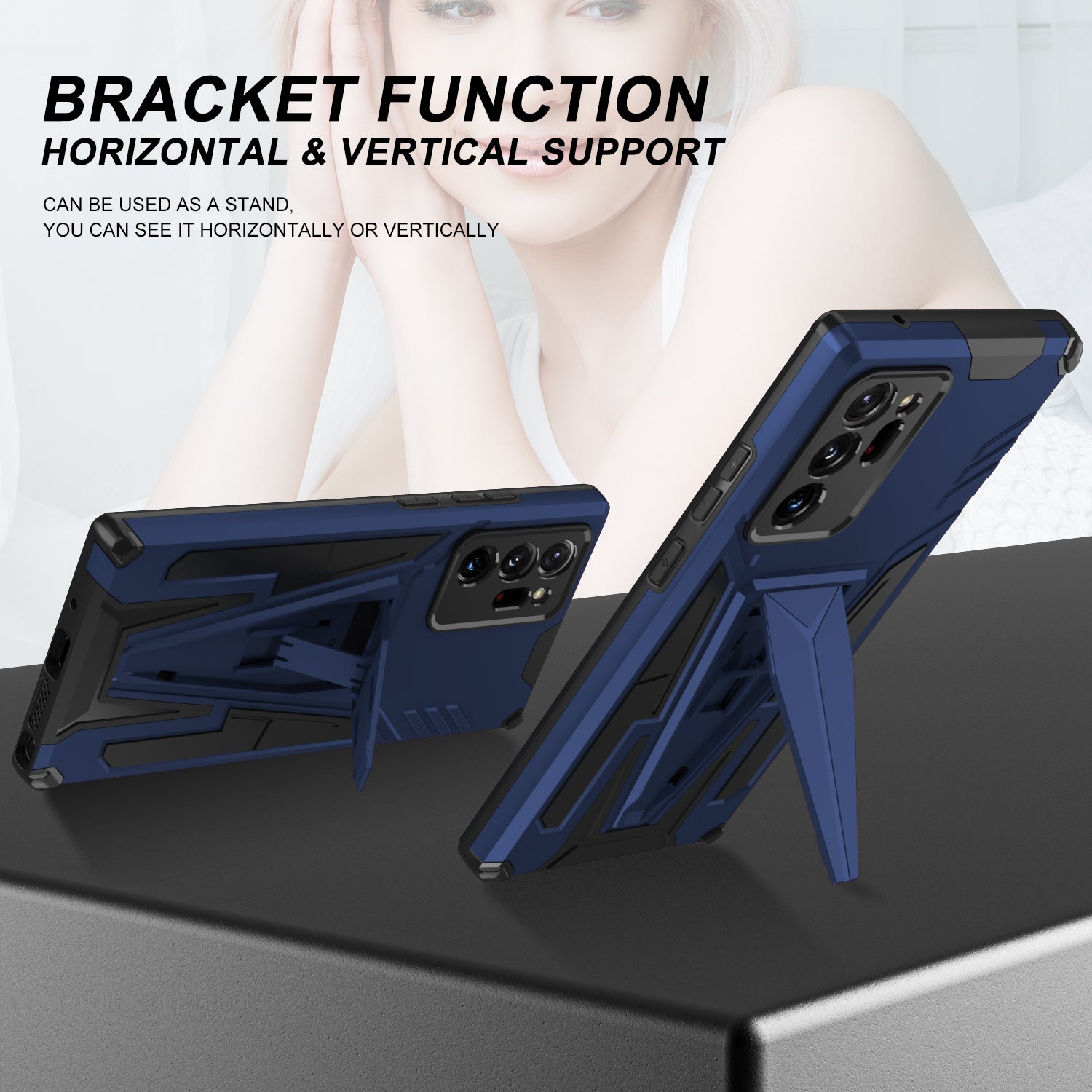 V-Shaped Armor PC + TPU Impact-Resistant Bumpers Protective Case with Kickstand for Samsung Galaxy S20 Ultra - Dark Blue