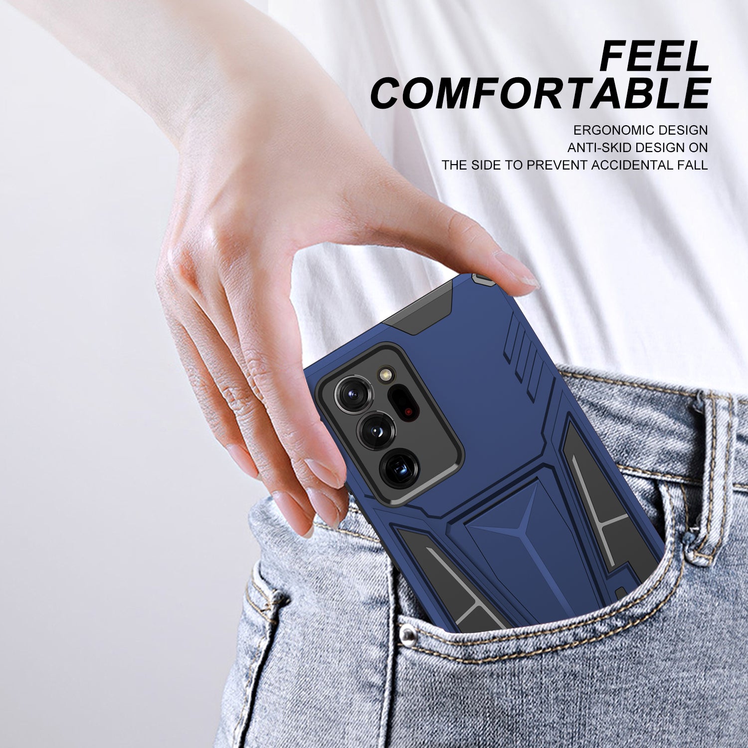 V-Shaped Armor PC + TPU Impact-Resistant Bumpers Protective Case with Kickstand for Samsung Galaxy S20 Ultra - Dark Blue