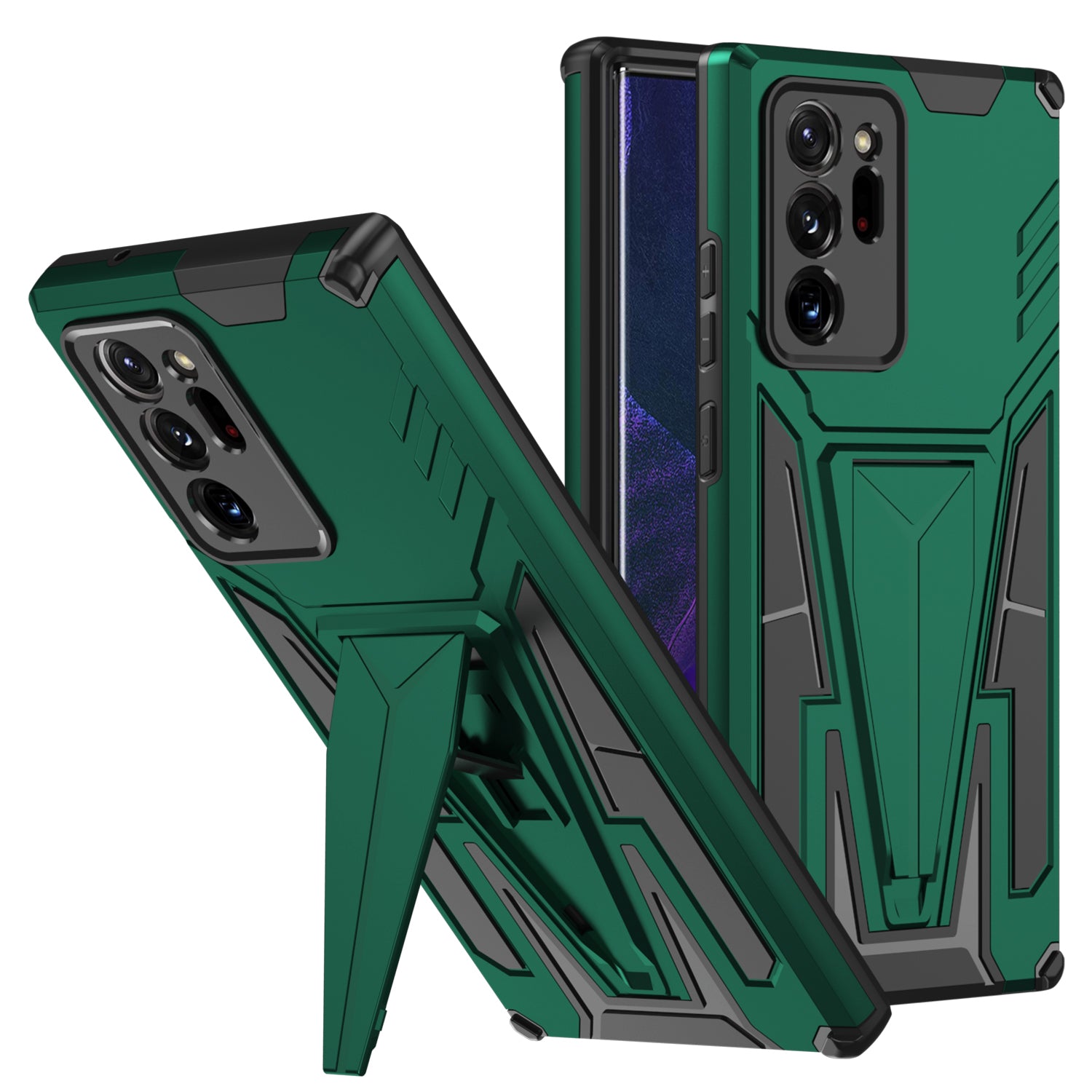 V-Shaped Armor PC + TPU Impact-Resistant Bumpers Protective Case with Kickstand for Samsung Galaxy S20 Ultra - Dark Green