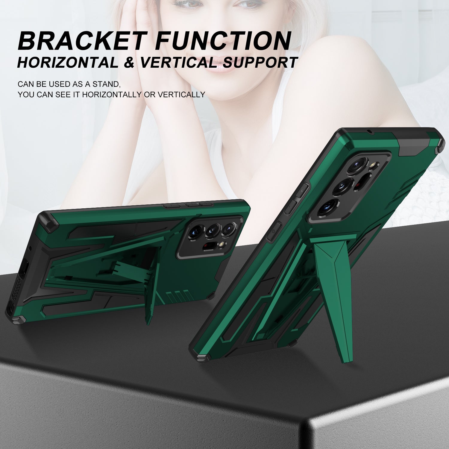 V-Shaped Armor PC + TPU Impact-Resistant Bumpers Protective Case with Kickstand for Samsung Galaxy S20 Ultra - Dark Green