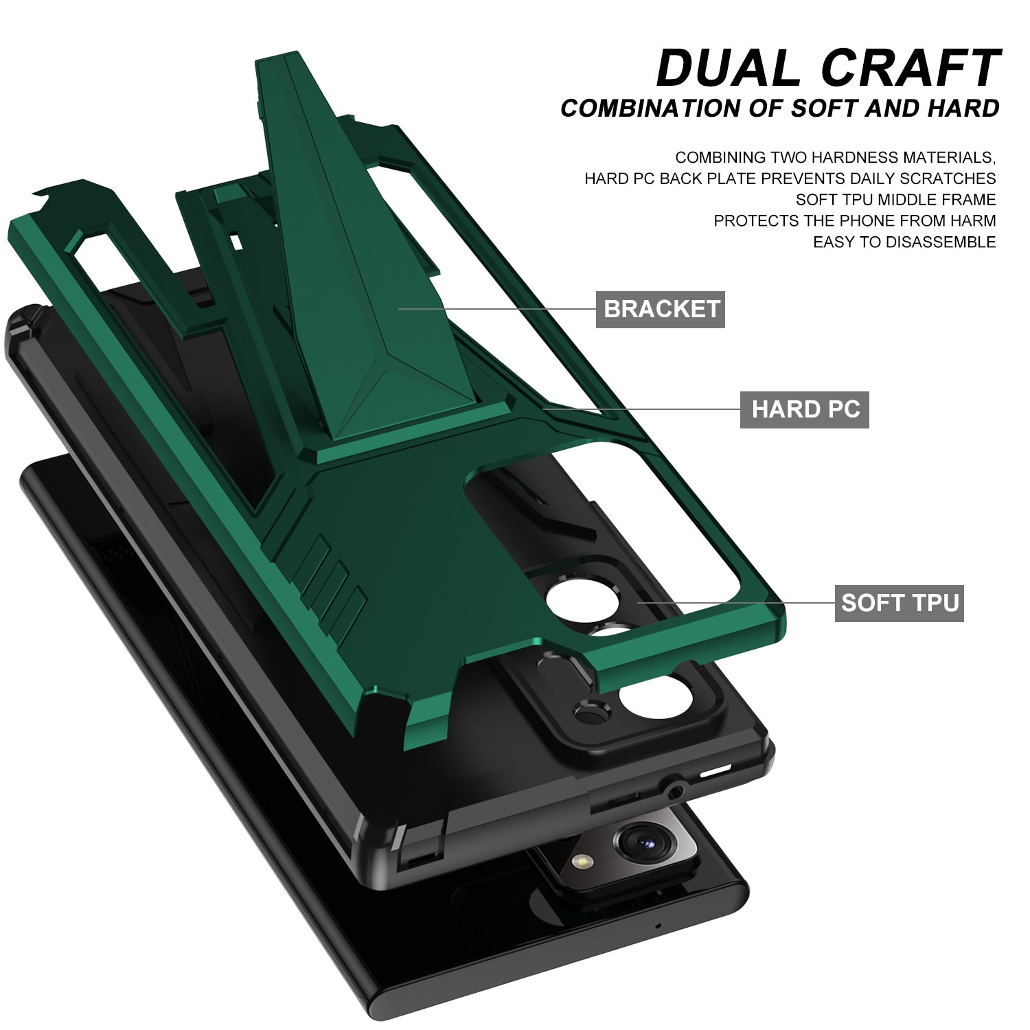 V-Shaped Armor PC + TPU Impact-Resistant Bumpers Protective Case with Kickstand for Samsung Galaxy S20 Ultra - Dark Green