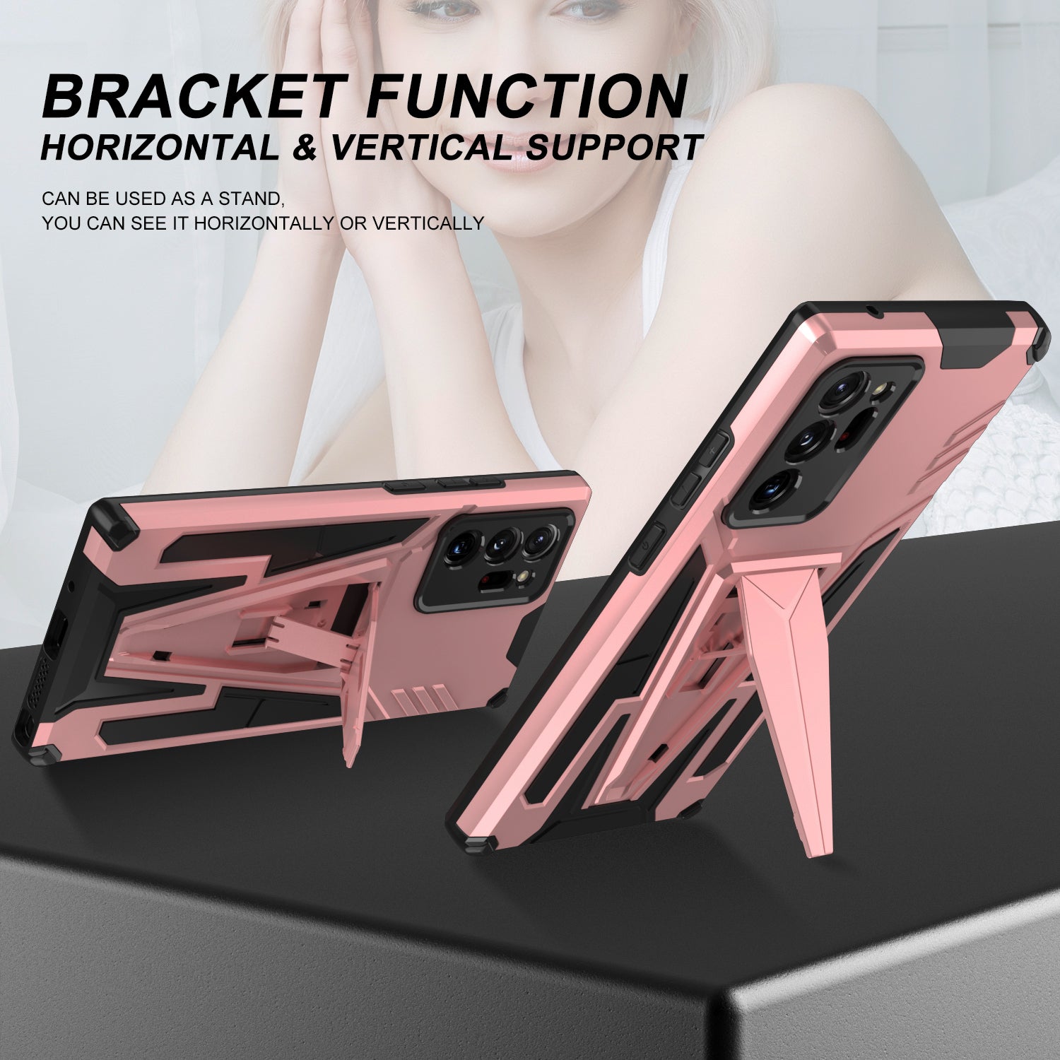 V-Shaped Armor PC + TPU Impact-Resistant Bumpers Protective Case with Kickstand for Samsung Galaxy S20 Ultra - Rose Gold