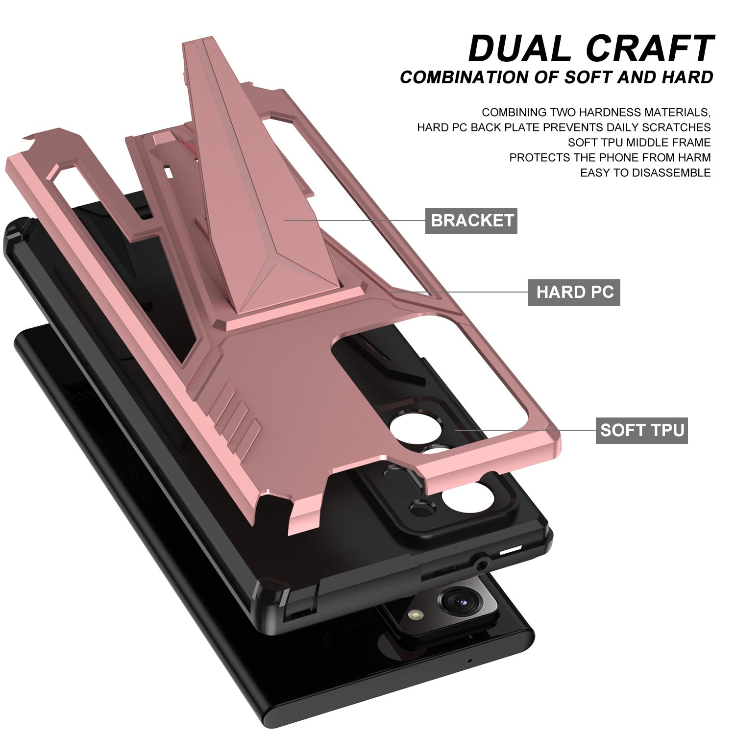 V-Shaped Armor PC + TPU Impact-Resistant Bumpers Protective Case with Kickstand for Samsung Galaxy S20 Ultra - Rose Gold