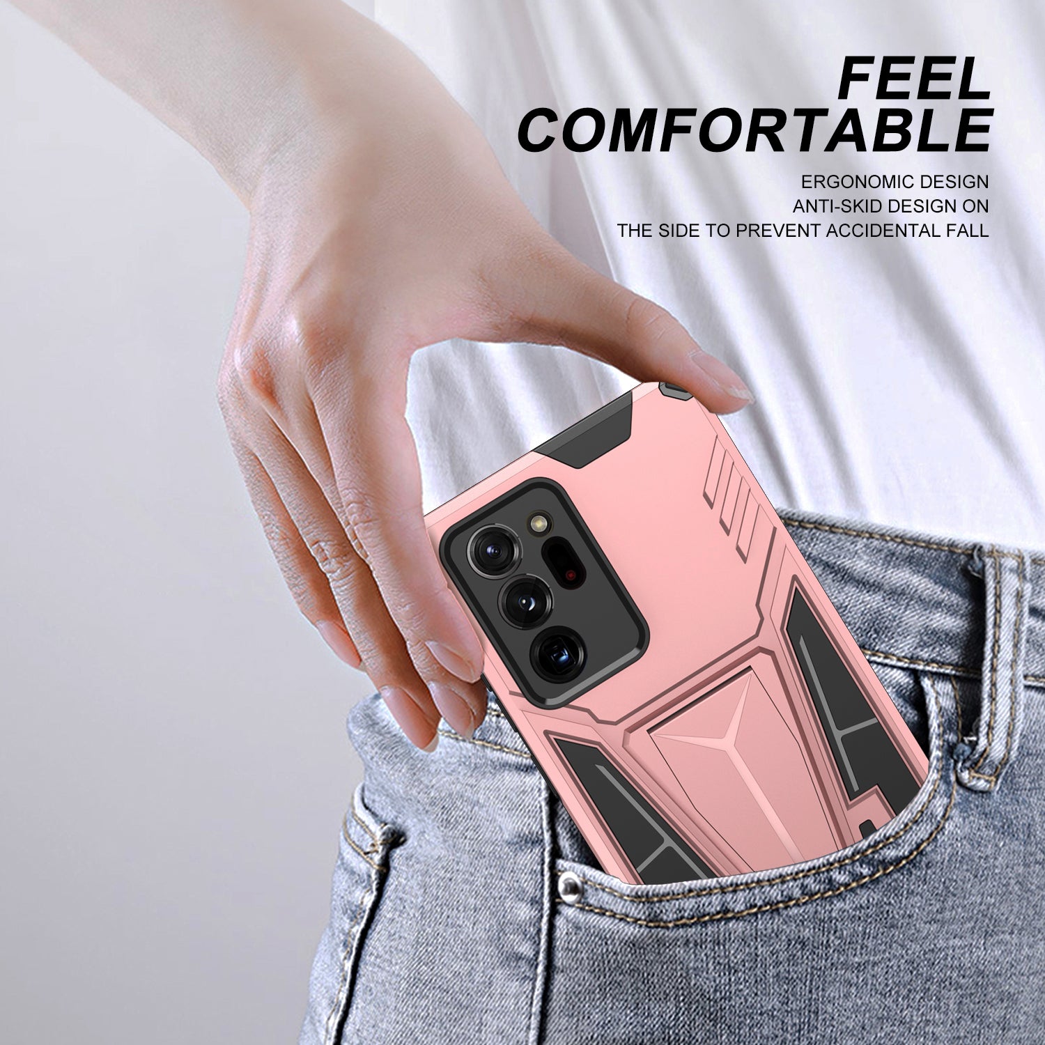 V-Shaped Armor PC + TPU Impact-Resistant Bumpers Protective Case with Kickstand for Samsung Galaxy S20 Ultra - Rose Gold