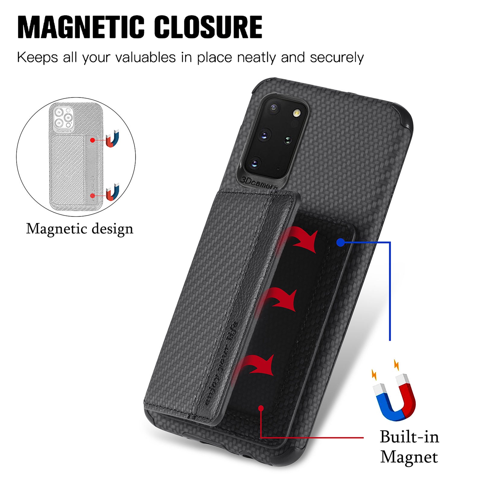 Phone Case Texture Anti-Drop Card Holder Design Built-in Magnet Metal Sheet Quality Leather and TPU Cover with Kickstand for Samsung Galaxy S20 Plus - Black