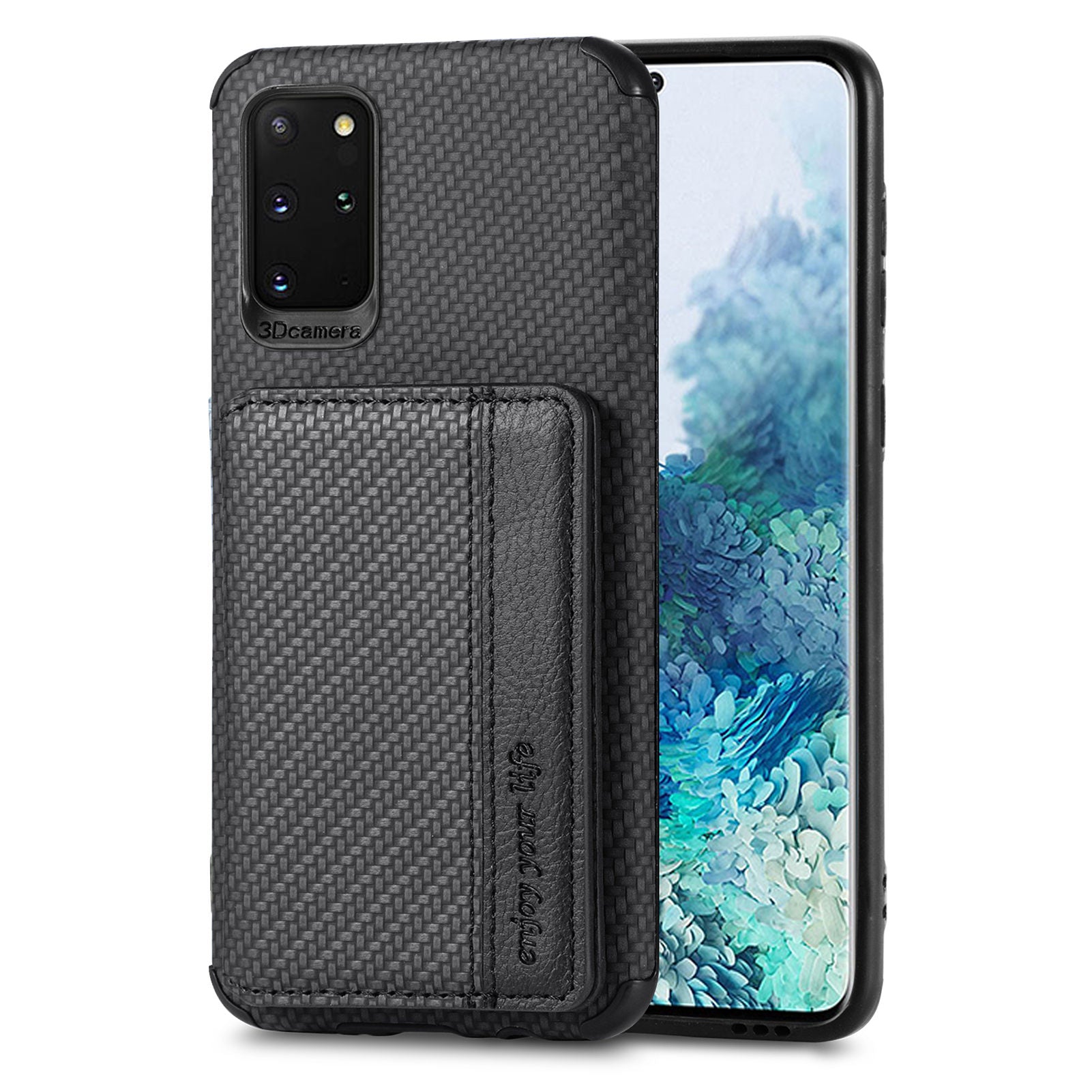 Phone Case Texture Anti-Drop Card Holder Design Built-in Magnet Metal Sheet Quality Leather and TPU Cover with Kickstand for Samsung Galaxy S20 Plus - Black