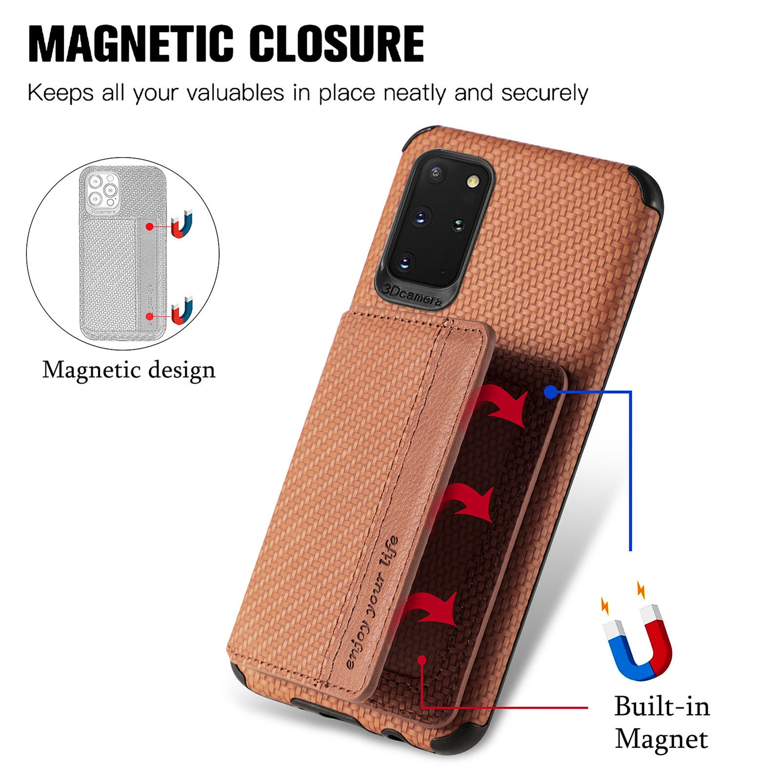 Phone Case Texture Anti-Drop Card Holder Design Built-in Magnet Metal Sheet Quality Leather and TPU Cover with Kickstand for Samsung Galaxy S20 Plus - Brown