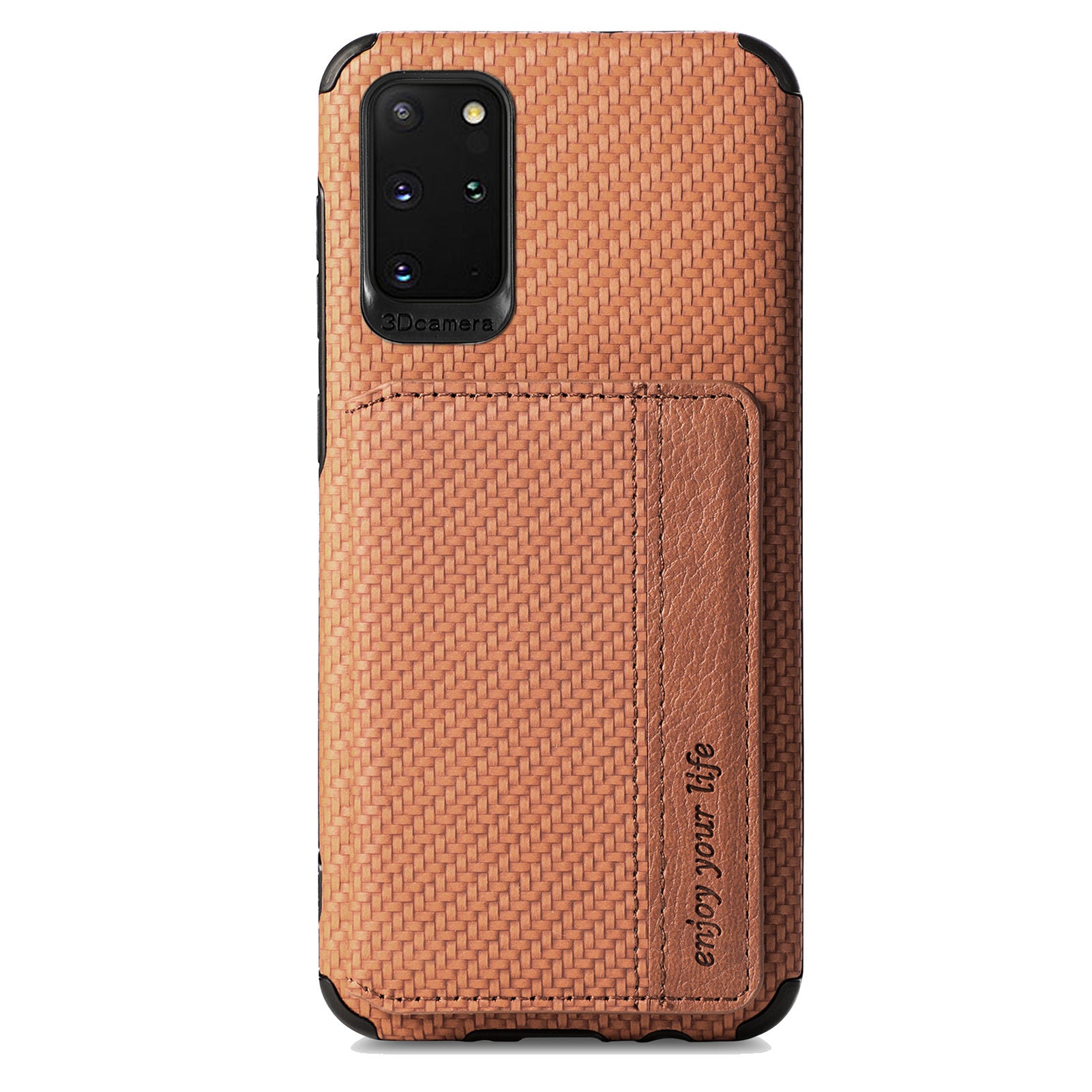 Phone Case Texture Anti-Drop Card Holder Design Built-in Magnet Metal Sheet Quality Leather and TPU Cover with Kickstand for Samsung Galaxy S20 Plus - Brown