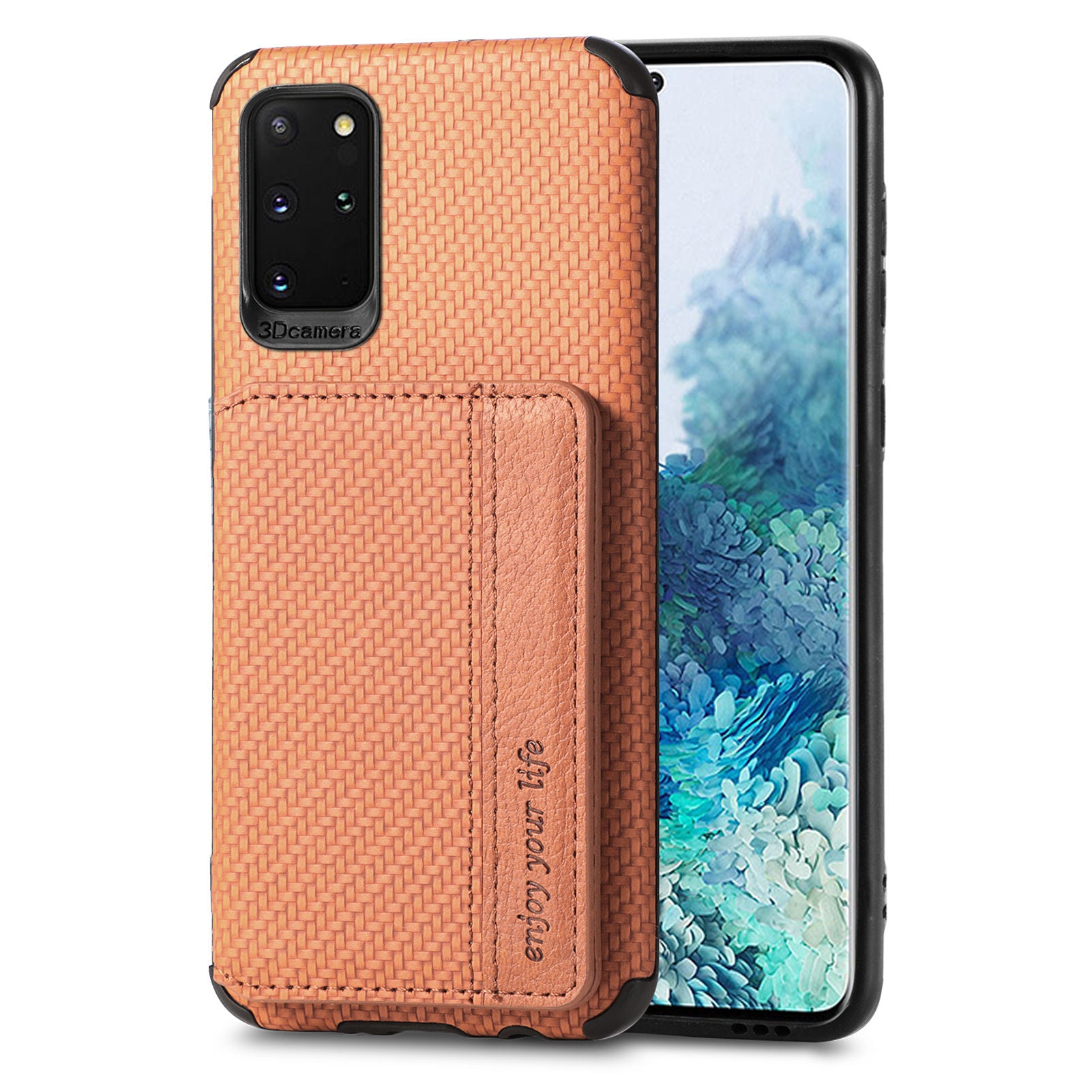 Phone Case Texture Anti-Drop Card Holder Design Built-in Magnet Metal Sheet Quality Leather and TPU Cover with Kickstand for Samsung Galaxy S20 Plus - Brown