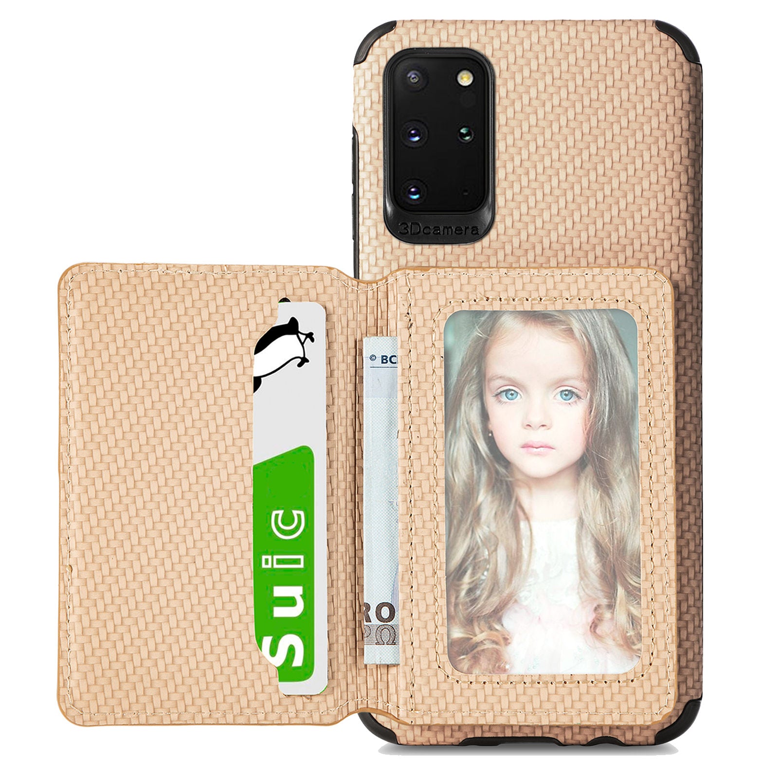 Phone Case Texture Anti-Drop Card Holder Design Built-in Magnet Metal Sheet Quality Leather and TPU Cover with Kickstand for Samsung Galaxy S20 Plus - Khaki