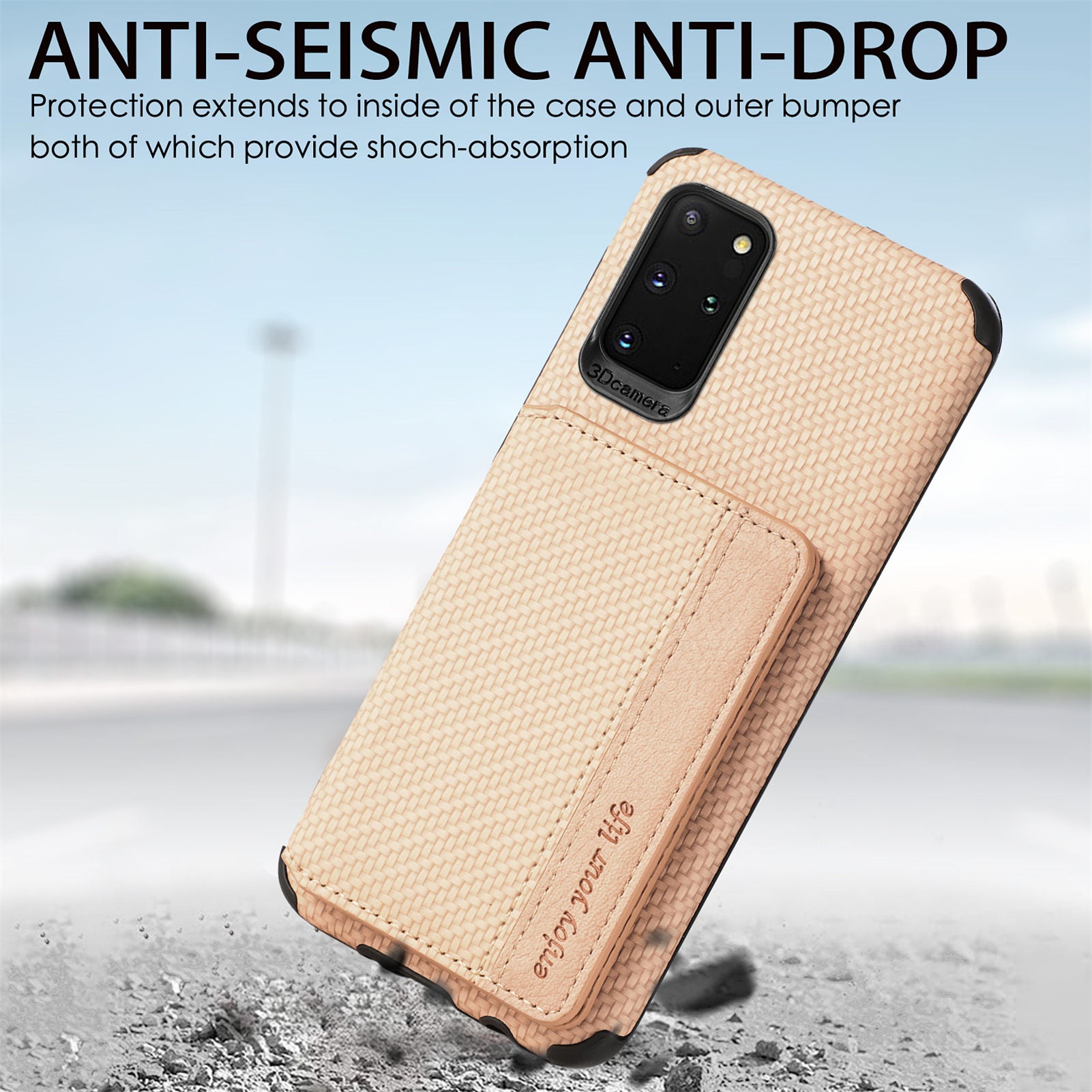 Phone Case Texture Anti-Drop Card Holder Design Built-in Magnet Metal Sheet Quality Leather and TPU Cover with Kickstand for Samsung Galaxy S20 Plus - Khaki