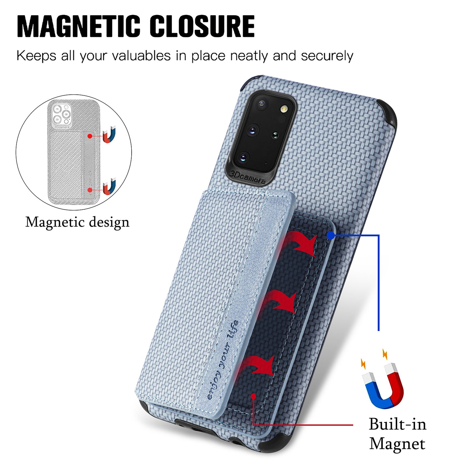 Phone Case Texture Anti-Drop Card Holder Design Built-in Magnet Metal Sheet Quality Leather and TPU Cover with Kickstand for Samsung Galaxy S20 Plus - Blue