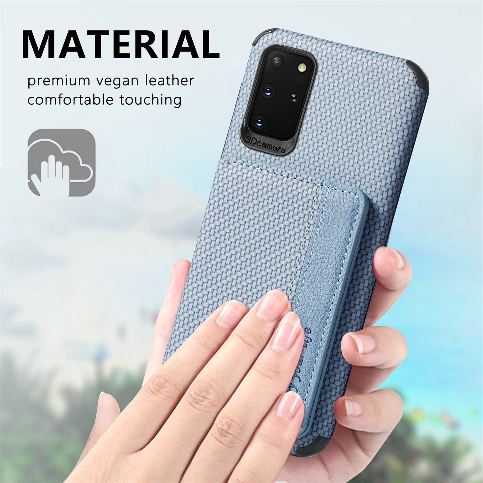 Phone Case Texture Anti-Drop Card Holder Design Built-in Magnet Metal Sheet Quality Leather and TPU Cover with Kickstand for Samsung Galaxy S20 Plus - Blue