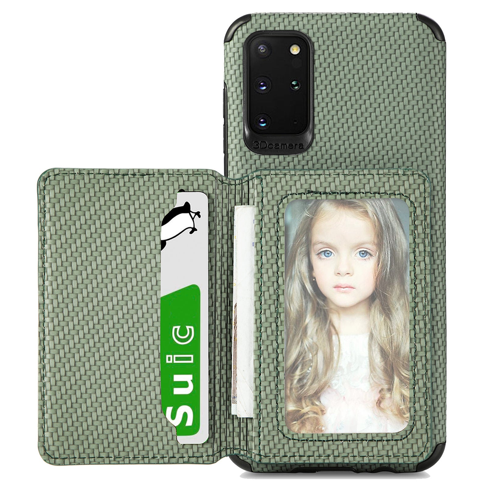 Phone Case Texture Anti-Drop Card Holder Design Built-in Magnet Metal Sheet Quality Leather and TPU Cover with Kickstand for Samsung Galaxy S20 Plus - Green