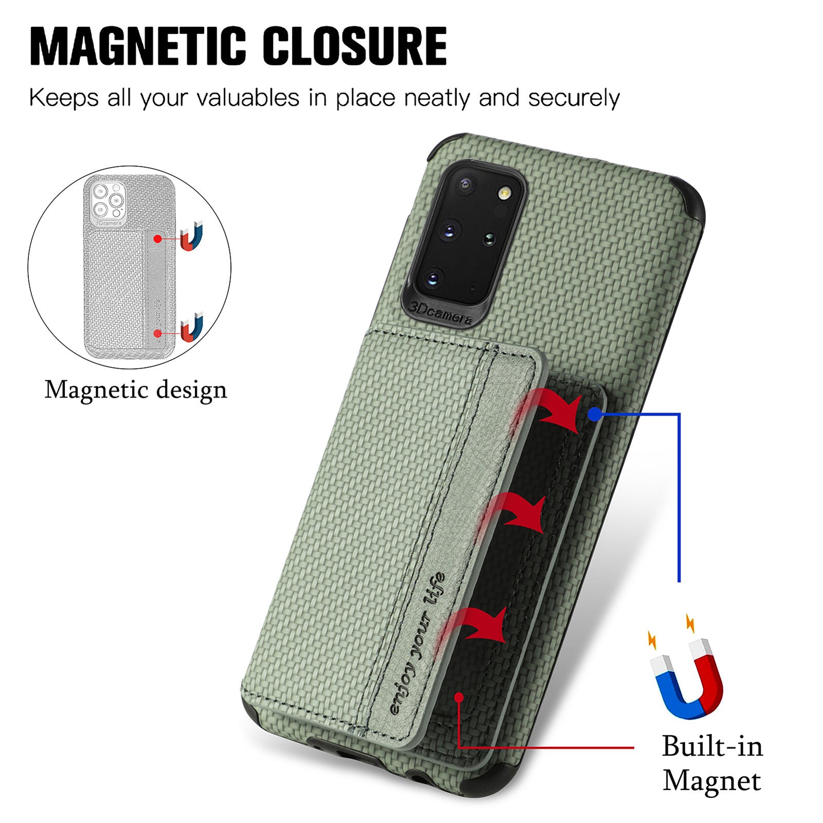 Phone Case Texture Anti-Drop Card Holder Design Built-in Magnet Metal Sheet Quality Leather and TPU Cover with Kickstand for Samsung Galaxy S20 Plus - Green