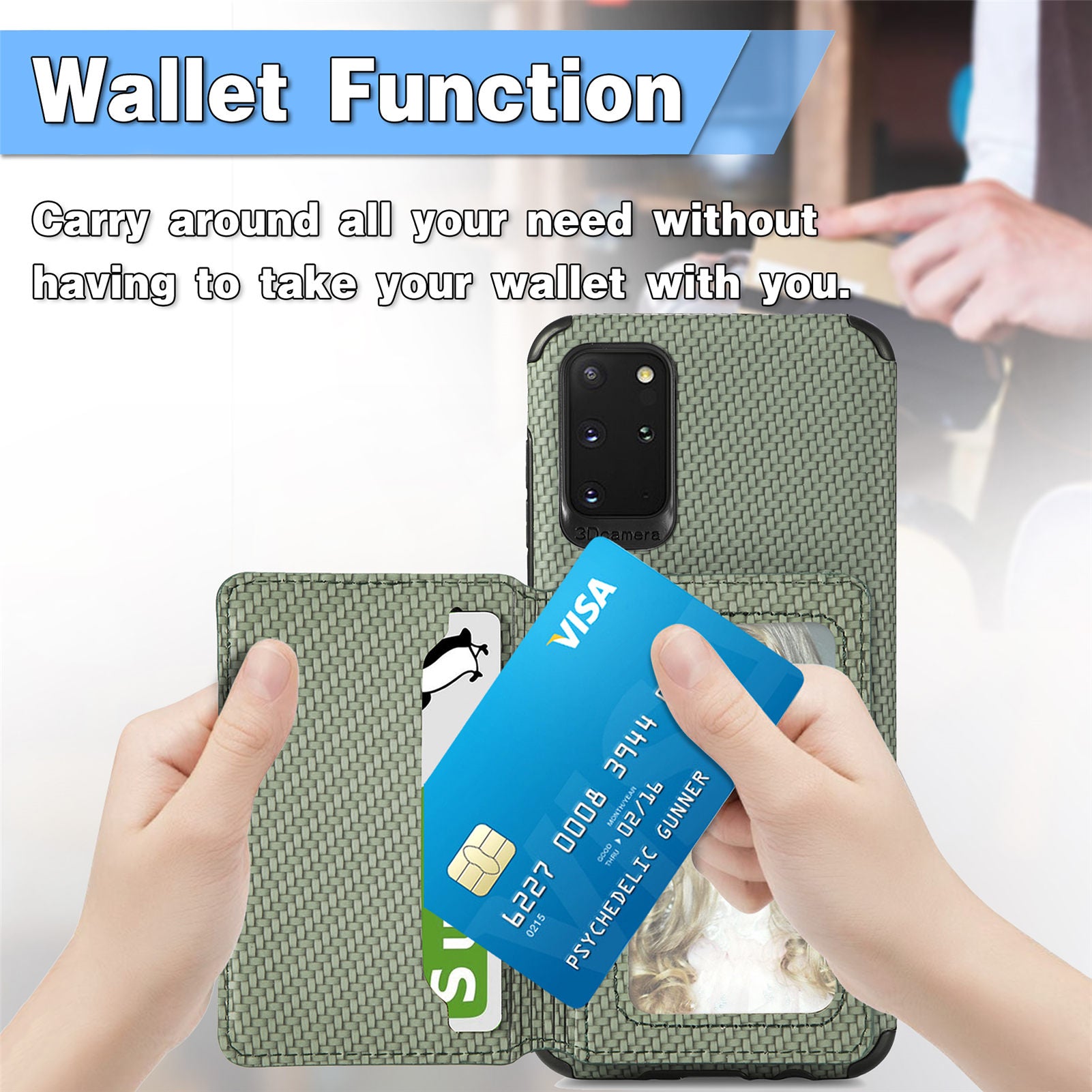 Phone Case Texture Anti-Drop Card Holder Design Built-in Magnet Metal Sheet Quality Leather and TPU Cover with Kickstand for Samsung Galaxy S20 Plus - Green