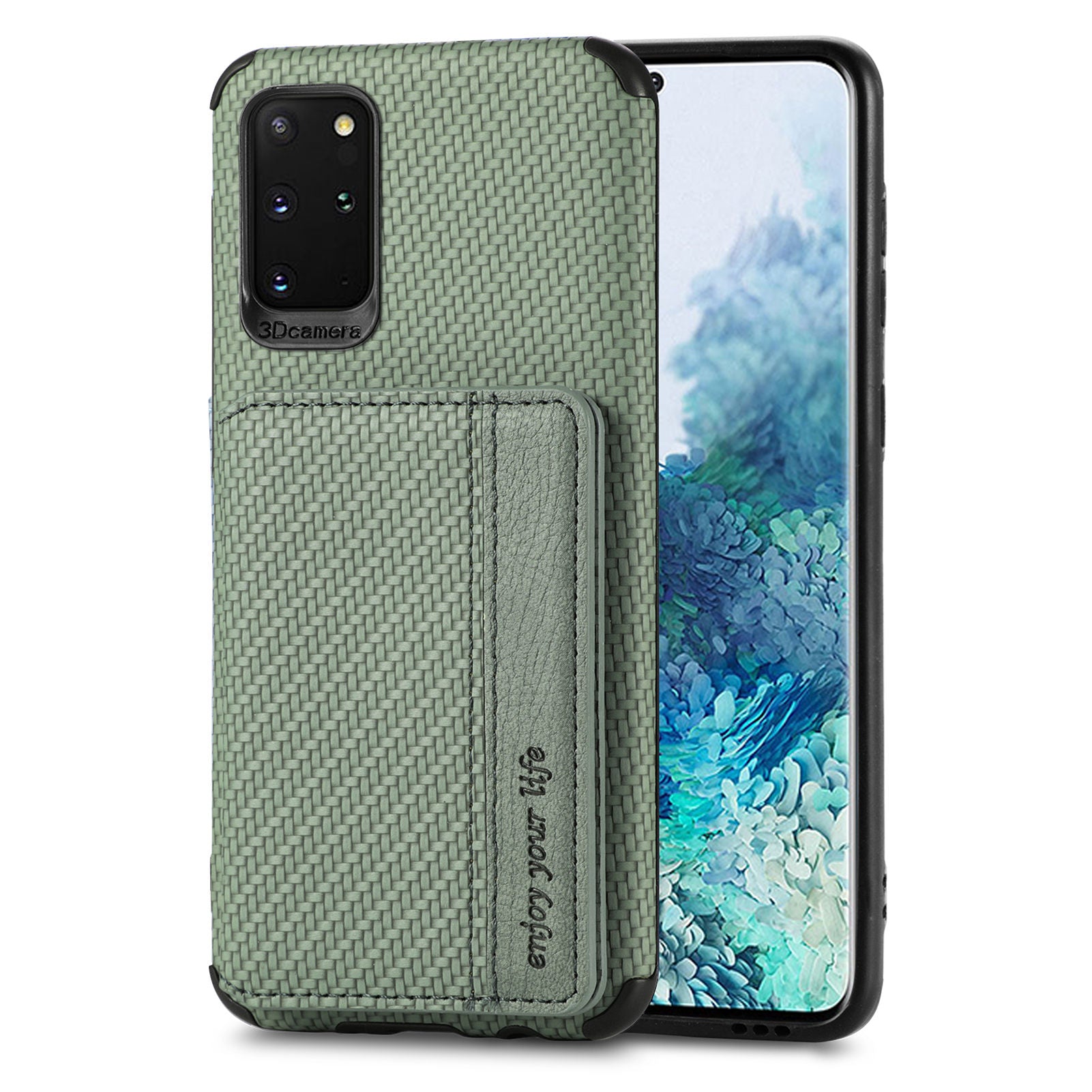 Phone Case Texture Anti-Drop Card Holder Design Built-in Magnet Metal Sheet Quality Leather and TPU Cover with Kickstand for Samsung Galaxy S20 Plus - Green