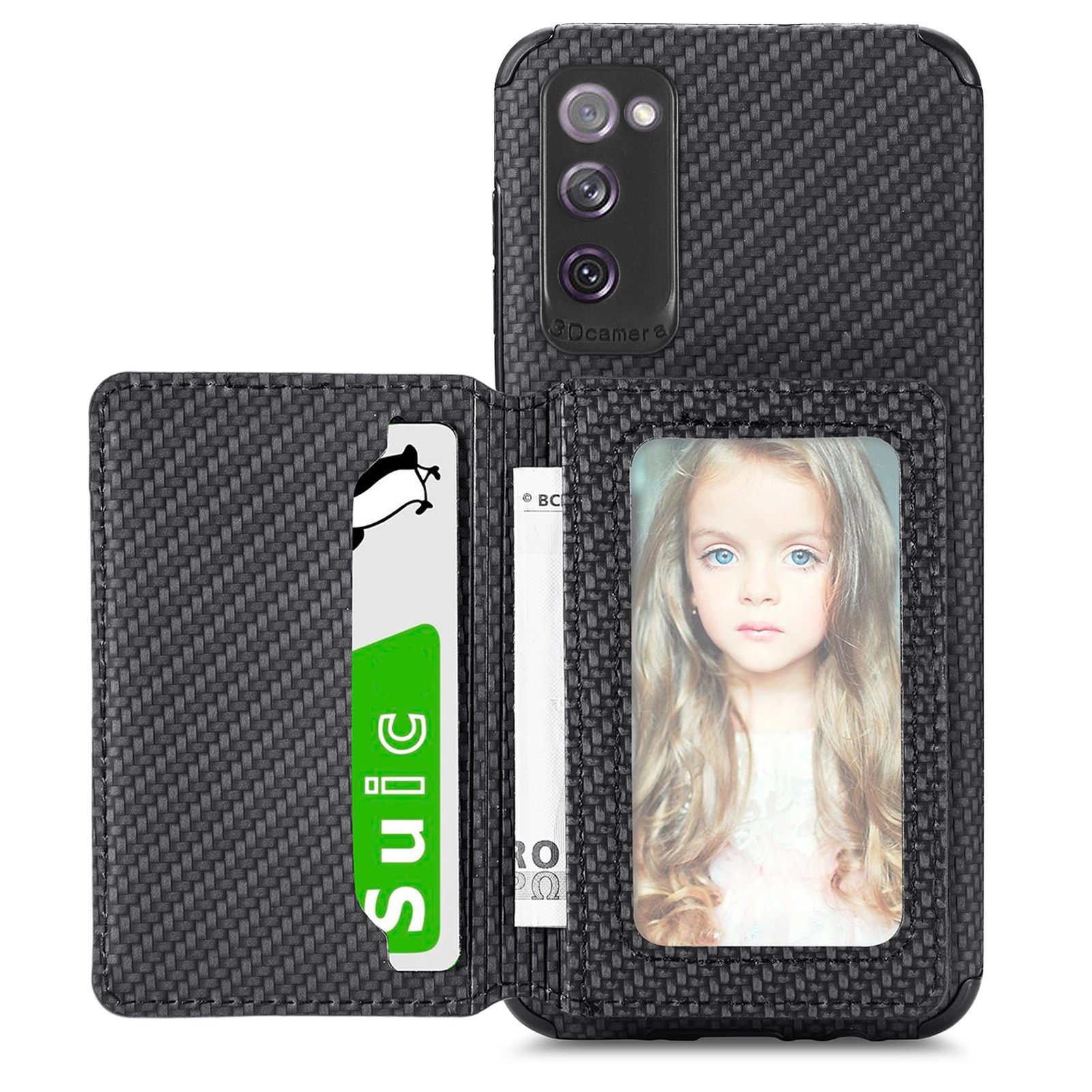 Anti-fall Carbon Fiber Texture PU Leather Coated Phone Case Kickstand Wallet Protective Cover for Samsung Galaxy S20 Lite/S20 FE/S20 FE 5G/S20 FE 2022 - Black