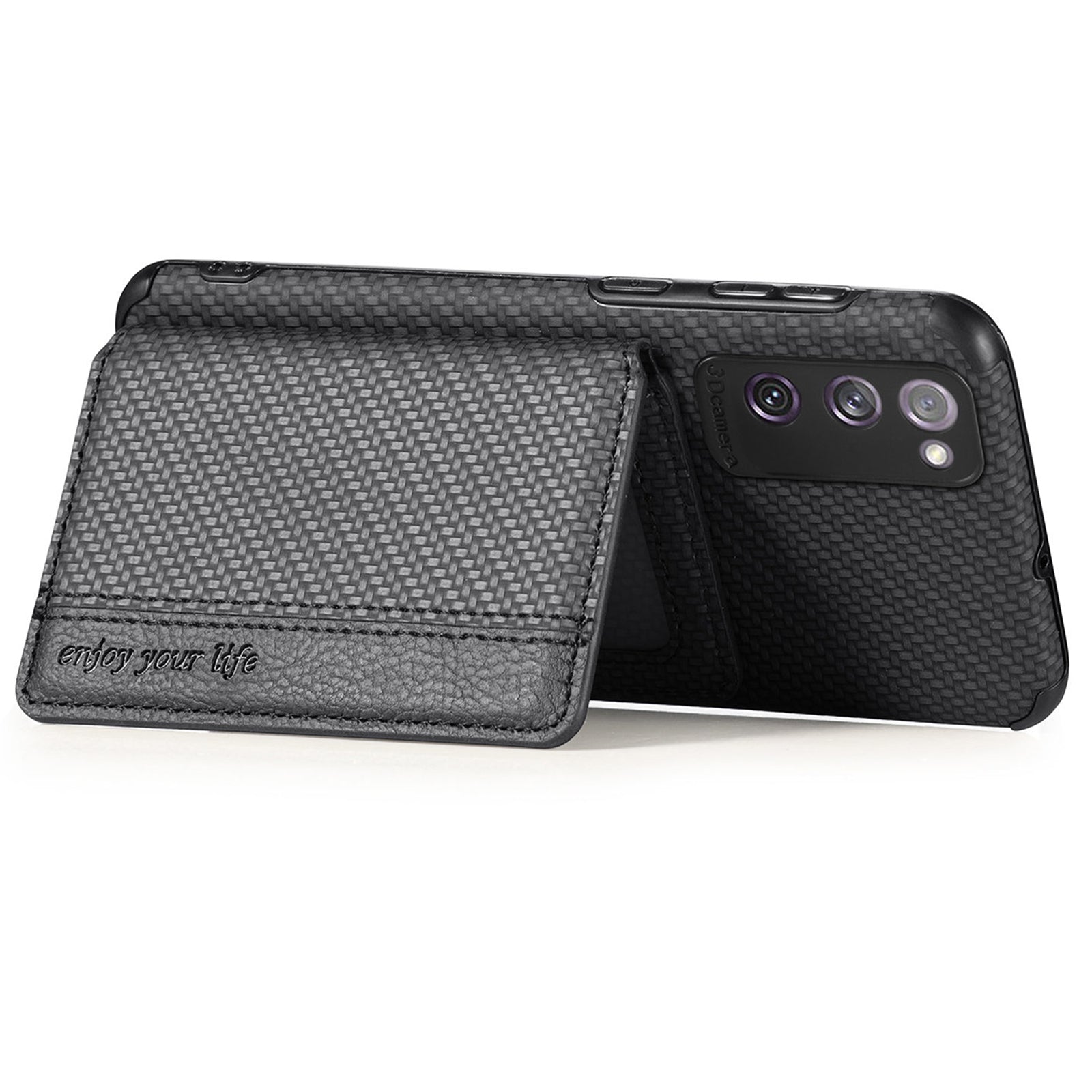 Anti-fall Carbon Fiber Texture PU Leather Coated Phone Case Kickstand Wallet Protective Cover for Samsung Galaxy S20 Lite/S20 FE/S20 FE 5G/S20 FE 2022 - Black