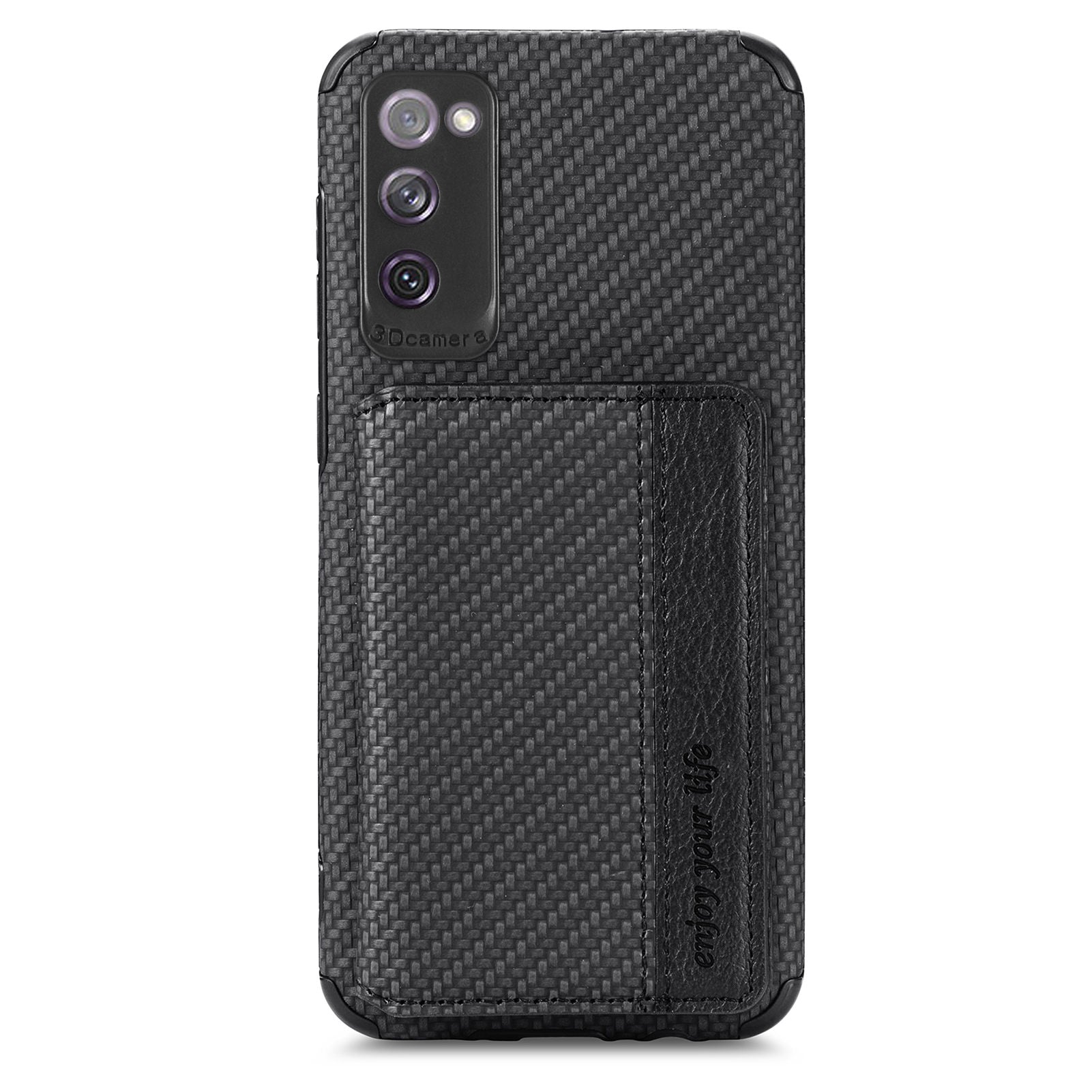 Anti-fall Carbon Fiber Texture PU Leather Coated Phone Case Kickstand Wallet Protective Cover for Samsung Galaxy S20 Lite/S20 FE/S20 FE 5G/S20 FE 2022 - Black