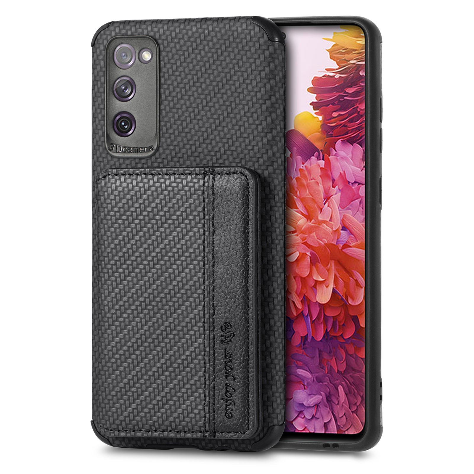 Anti-fall Carbon Fiber Texture PU Leather Coated Phone Case Kickstand Wallet Protective Cover for Samsung Galaxy S20 Lite/S20 FE/S20 FE 5G/S20 FE 2022 - Black