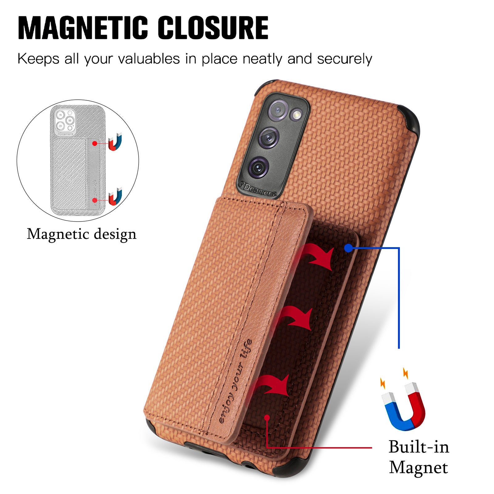 Anti-fall Carbon Fiber Texture PU Leather Coated Phone Case Kickstand Wallet Protective Cover for Samsung Galaxy S20 Lite/S20 FE/S20 FE 5G/S20 FE 2022 - Brown