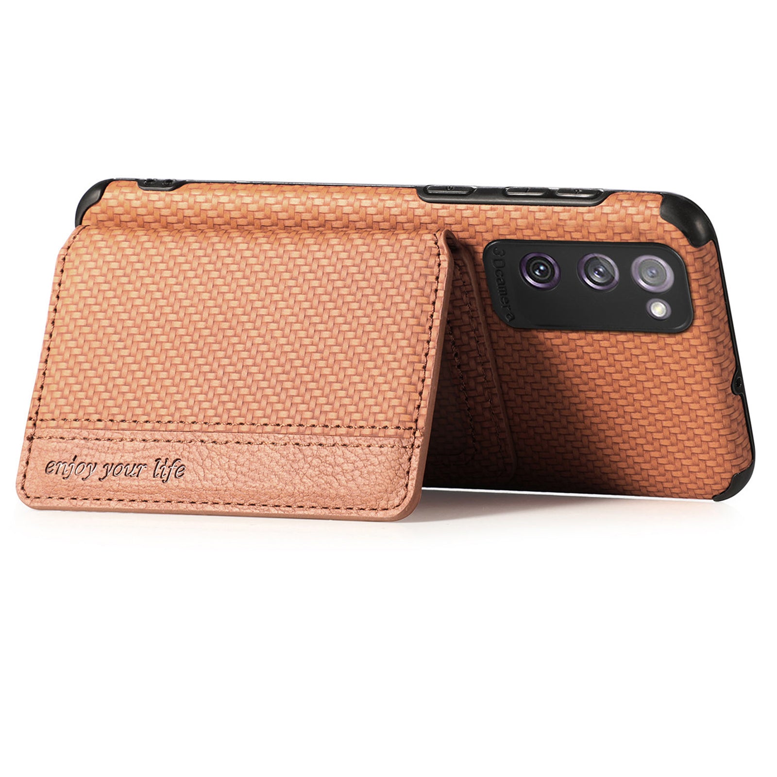 Anti-fall Carbon Fiber Texture PU Leather Coated Phone Case Kickstand Wallet Protective Cover for Samsung Galaxy S20 Lite/S20 FE/S20 FE 5G/S20 FE 2022 - Brown