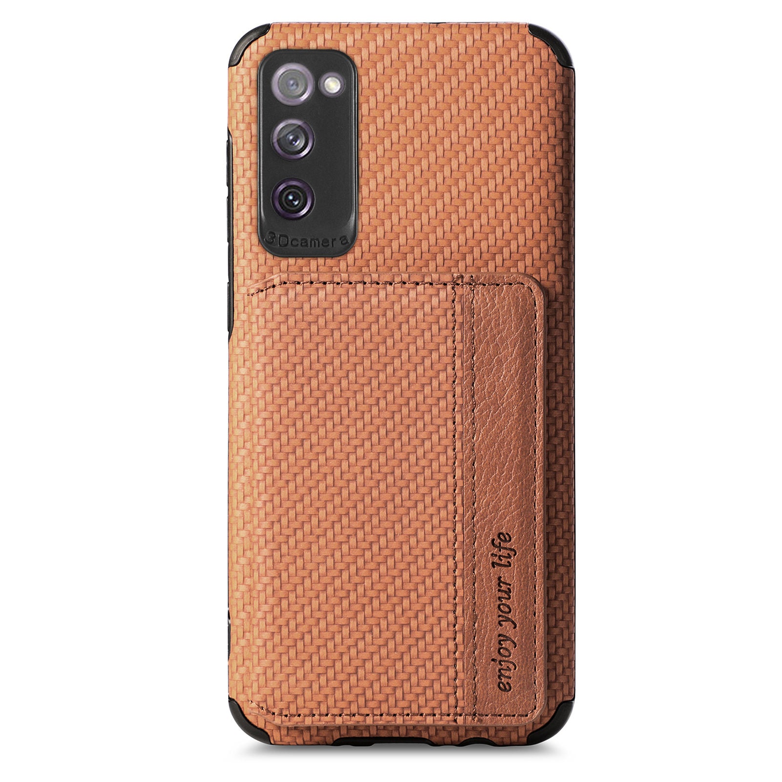 Anti-fall Carbon Fiber Texture PU Leather Coated Phone Case Kickstand Wallet Protective Cover for Samsung Galaxy S20 Lite/S20 FE/S20 FE 5G/S20 FE 2022 - Brown