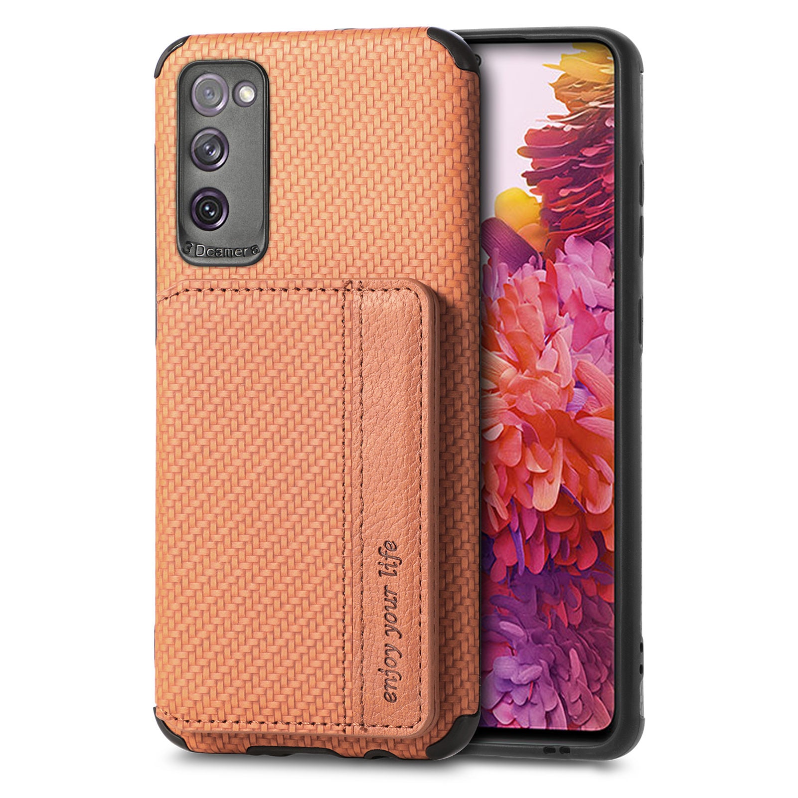 Anti-fall Carbon Fiber Texture PU Leather Coated Phone Case Kickstand Wallet Protective Cover for Samsung Galaxy S20 Lite/S20 FE/S20 FE 5G/S20 FE 2022 - Brown