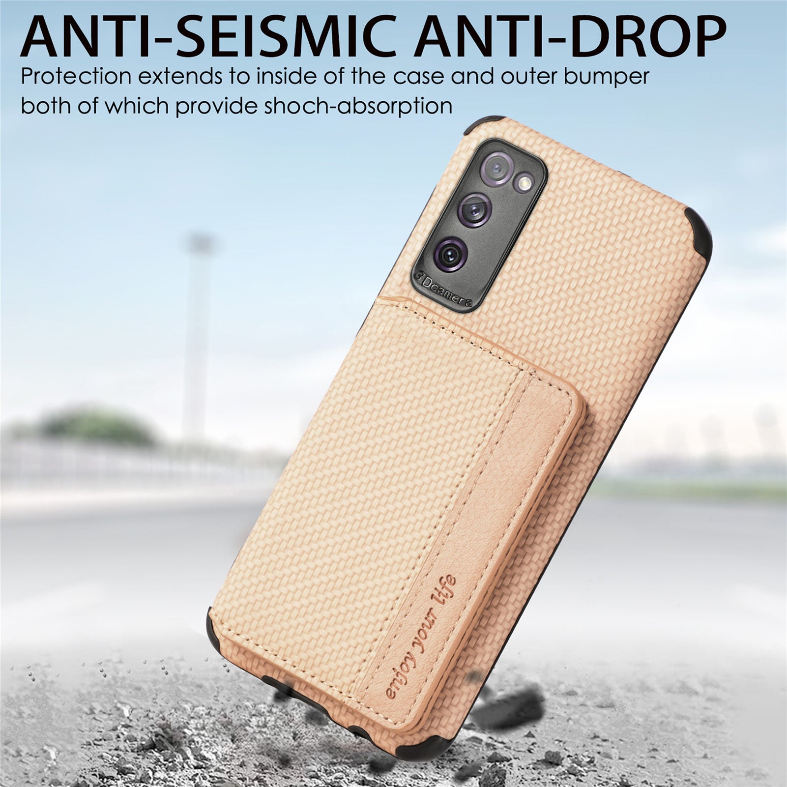 Anti-fall Carbon Fiber Texture PU Leather Coated Phone Case Kickstand Wallet Protective Cover for Samsung Galaxy S20 Lite/S20 FE/S20 FE 5G/S20 FE 2022 - Khaki