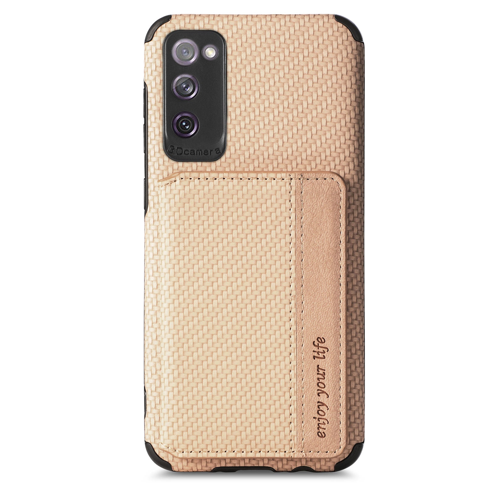 Anti-fall Carbon Fiber Texture PU Leather Coated Phone Case Kickstand Wallet Protective Cover for Samsung Galaxy S20 Lite/S20 FE/S20 FE 5G/S20 FE 2022 - Khaki