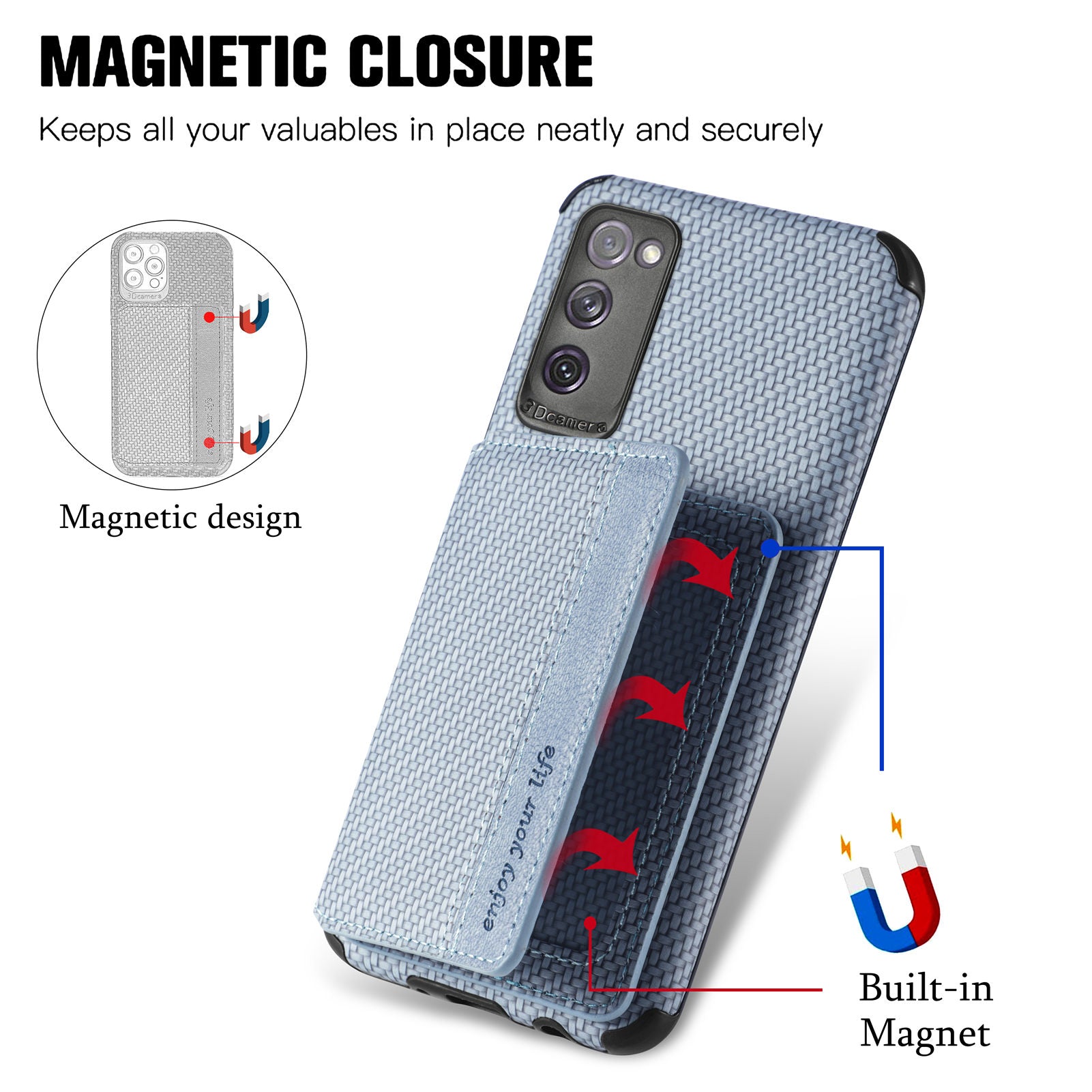 Anti-fall Carbon Fiber Texture PU Leather Coated Phone Case Kickstand Wallet Protective Cover for Samsung Galaxy S20 Lite/S20 FE/S20 FE 5G/S20 FE 2022 - Blue