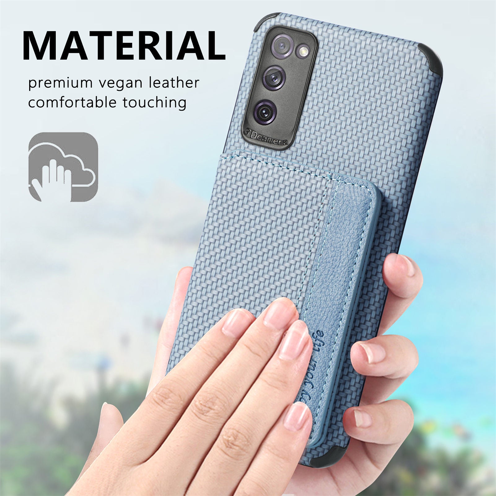 Anti-fall Carbon Fiber Texture PU Leather Coated Phone Case Kickstand Wallet Protective Cover for Samsung Galaxy S20 Lite/S20 FE/S20 FE 5G/S20 FE 2022 - Blue