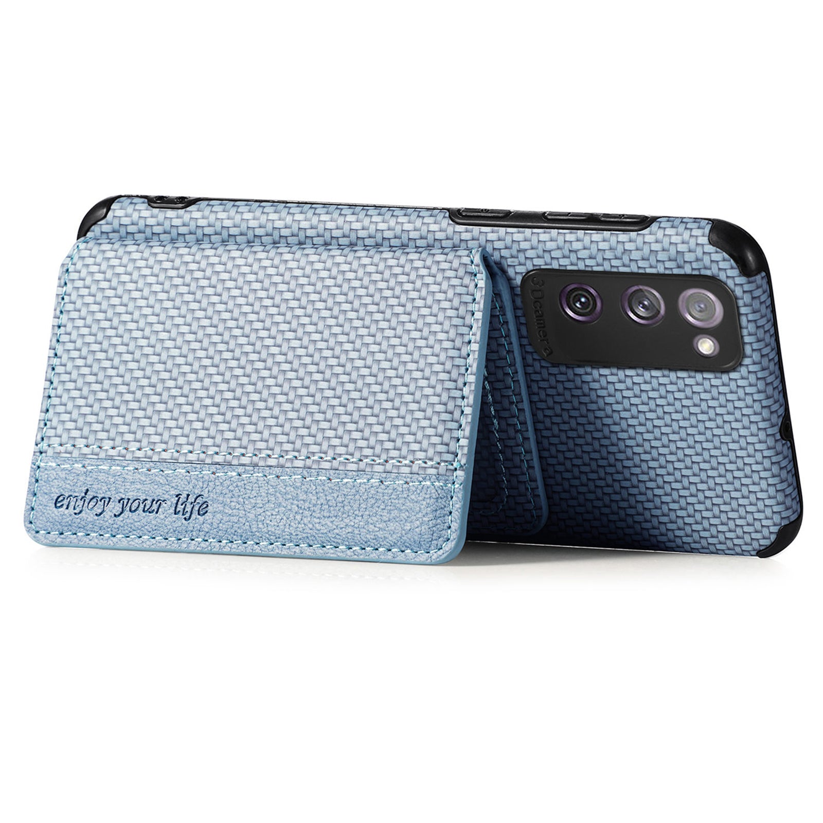 Anti-fall Carbon Fiber Texture PU Leather Coated Phone Case Kickstand Wallet Protective Cover for Samsung Galaxy S20 Lite/S20 FE/S20 FE 5G/S20 FE 2022 - Blue