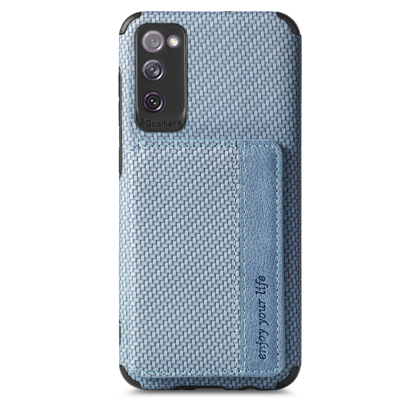 Anti-fall Carbon Fiber Texture PU Leather Coated Phone Case Kickstand Wallet Protective Cover for Samsung Galaxy S20 Lite/S20 FE/S20 FE 5G/S20 FE 2022 - Blue